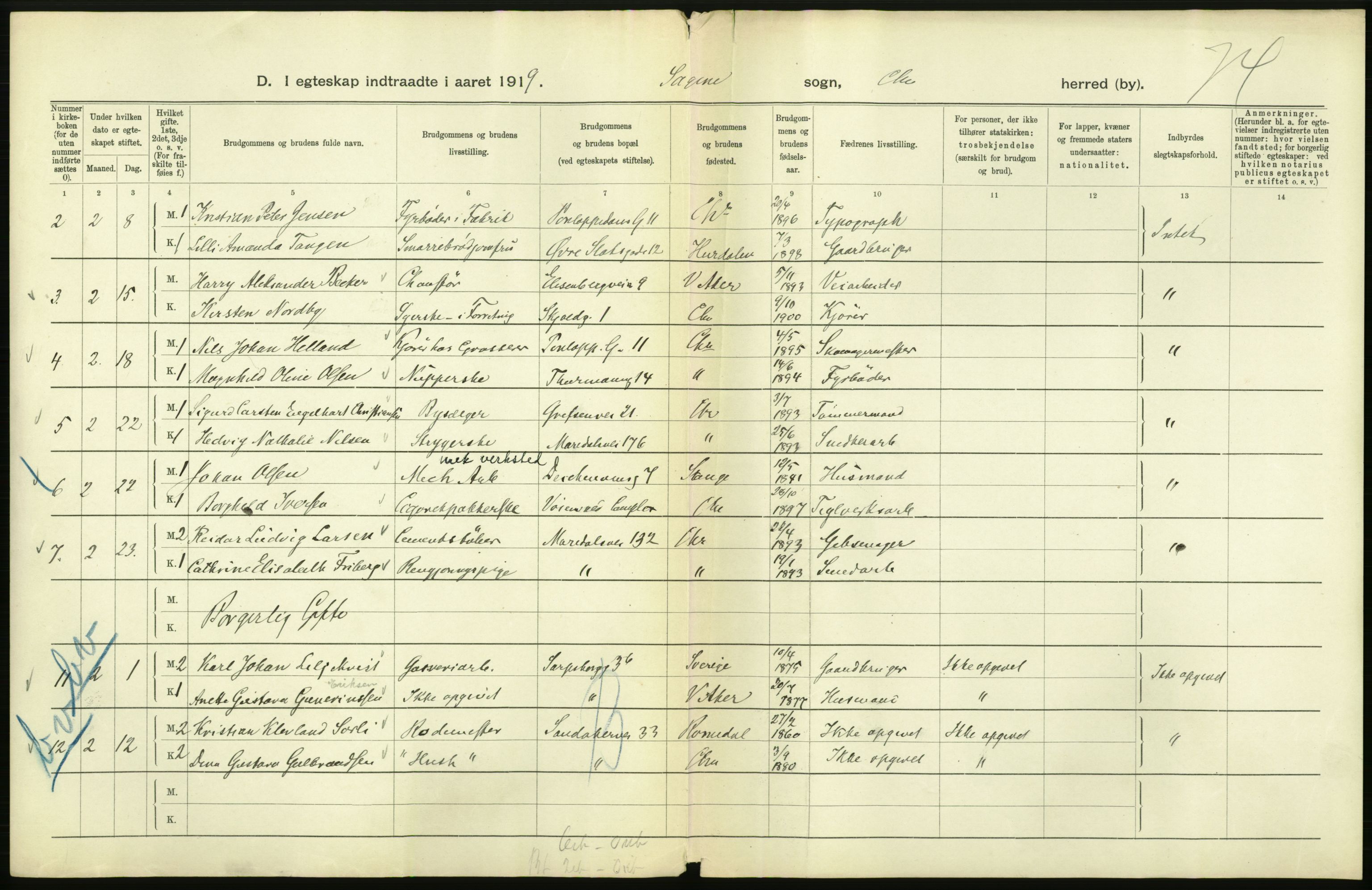 Statistisk sentralbyrå, Sosiodemografiske emner, Befolkning, AV/RA-S-2228/D/Df/Dfb/Dfbi/L0009: Kristiania: Gifte, 1919, s. 350