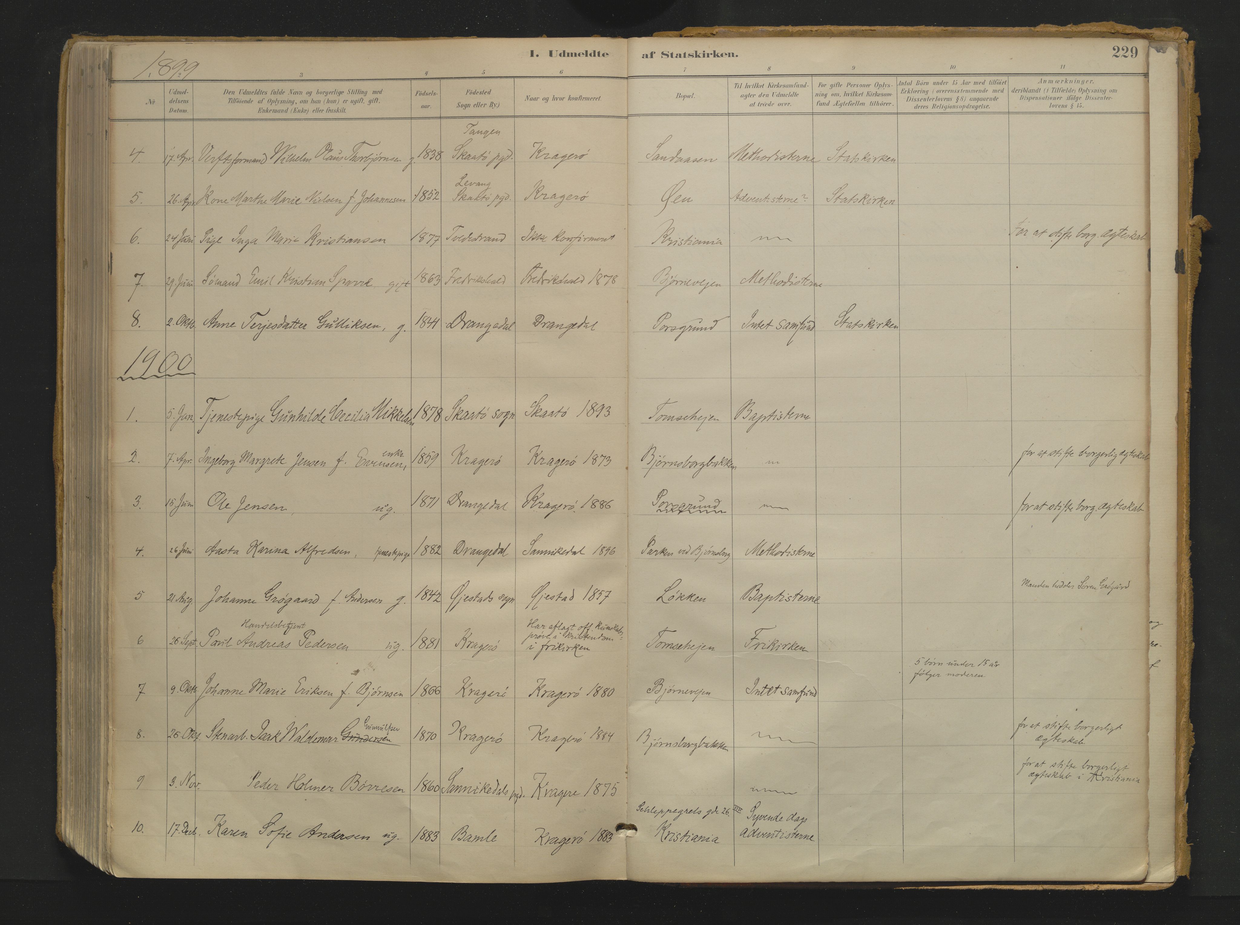 Kragerø kirkebøker, AV/SAKO-A-278/F/Fa/L0017: Ministerialbok nr. 17, 1886-1923, s. 229