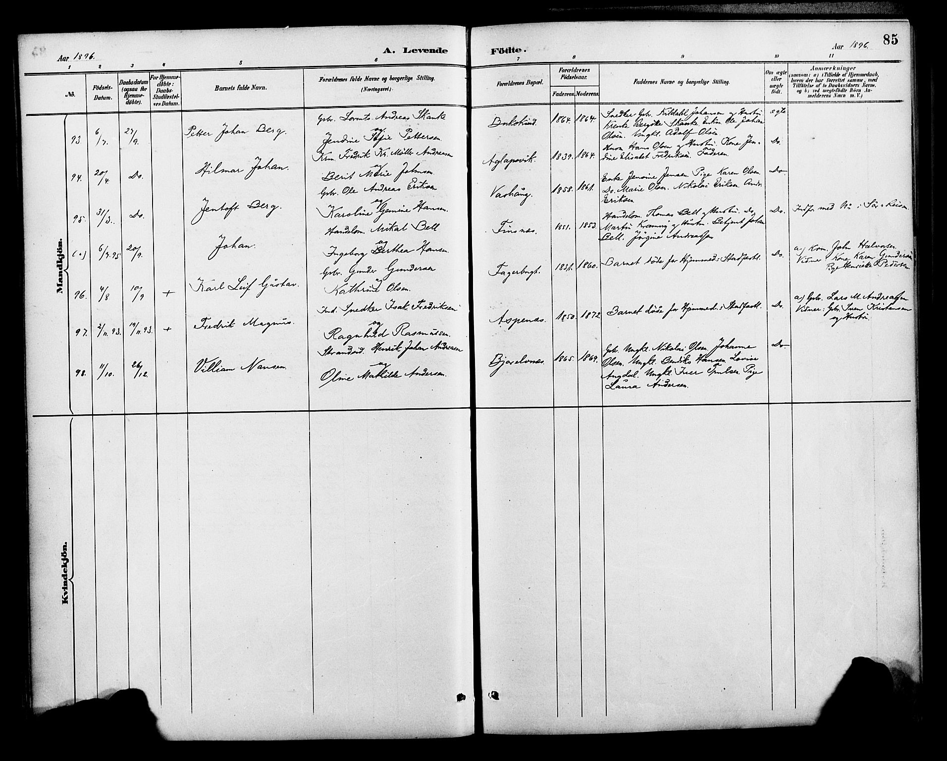 Lenvik sokneprestembete, AV/SATØ-S-1310/H/Ha/Haa/L0013kirke: Ministerialbok nr. 13, 1890-1898, s. 85