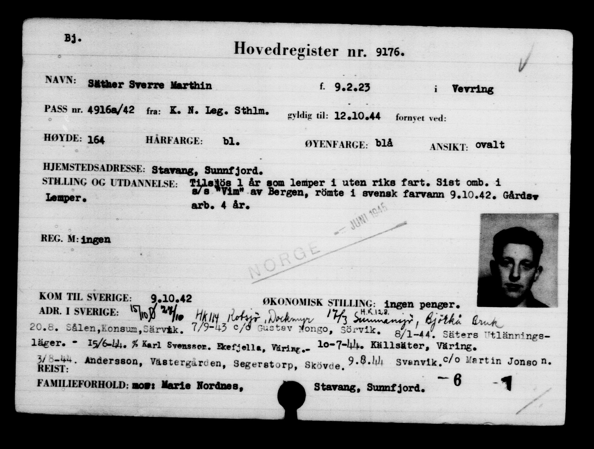 Utenriksstasjonene, Legasjonen i Stockholm, Flyktningkontoret, AV/RA-S-6753/V/Va/L0005: Kjesäterkartoteket, flyktninger med registreringsnr. 6600-9417, 1940-1945, s. 3041