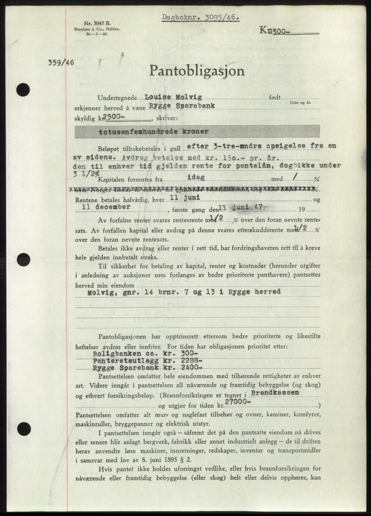 Moss sorenskriveri, SAO/A-10168: Pantebok nr. B16, 1946-1947, Dagboknr: 3095/1946