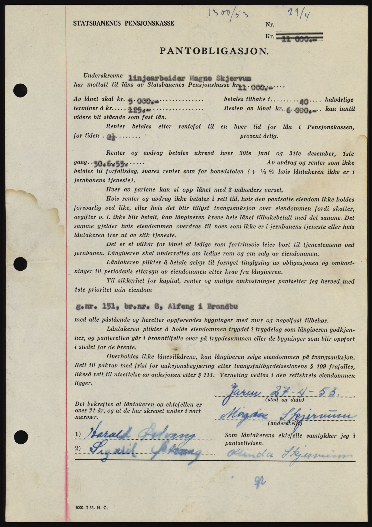 Hadeland og Land tingrett, SAH/TING-010/H/Hb/Hbc/L0026: Pantebok nr. B26, 1953-1953, Dagboknr: 1300/1953