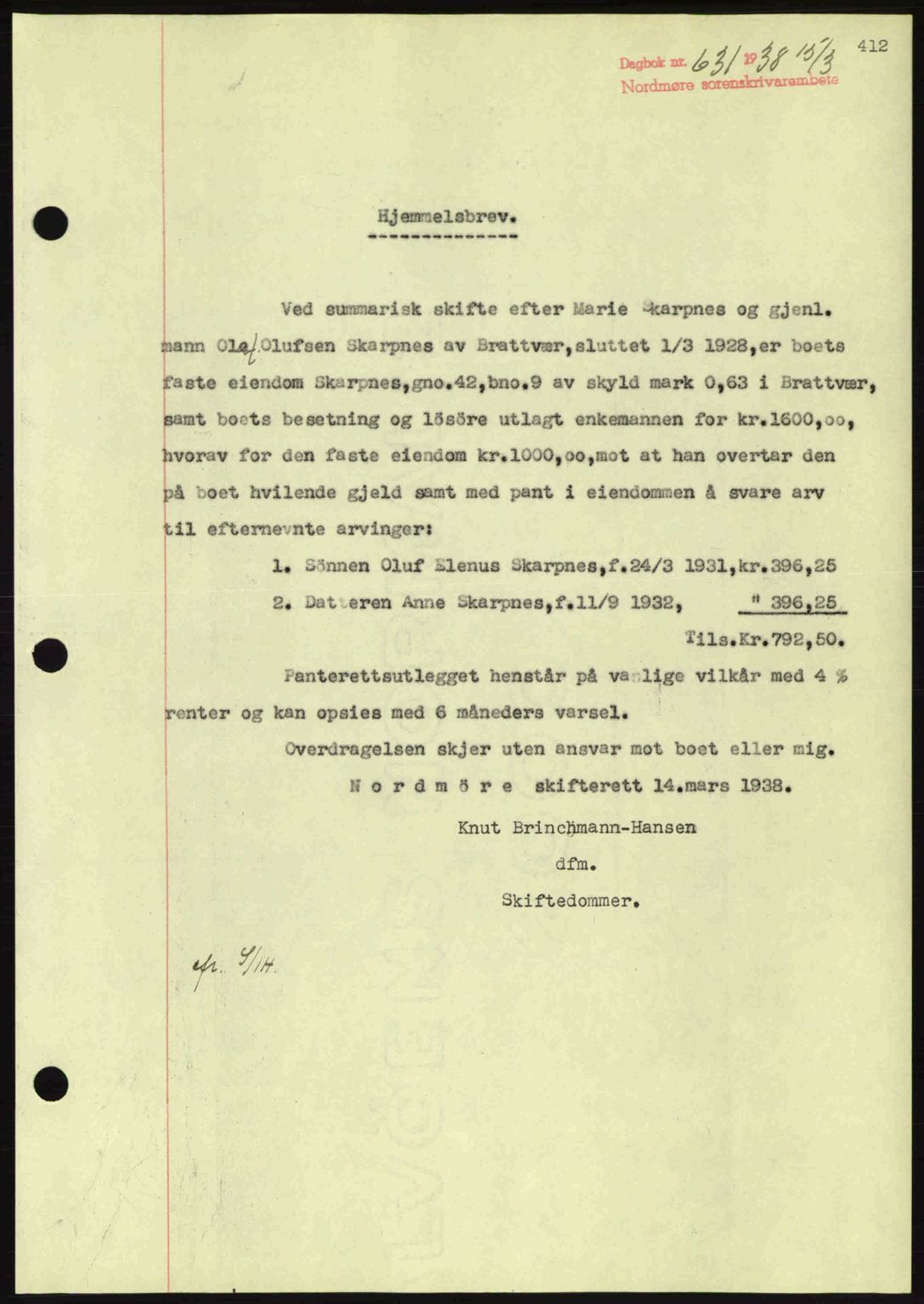 Nordmøre sorenskriveri, SAT/A-4132/1/2/2Ca: Pantebok nr. A83, 1938-1938, Dagboknr: 631/1938