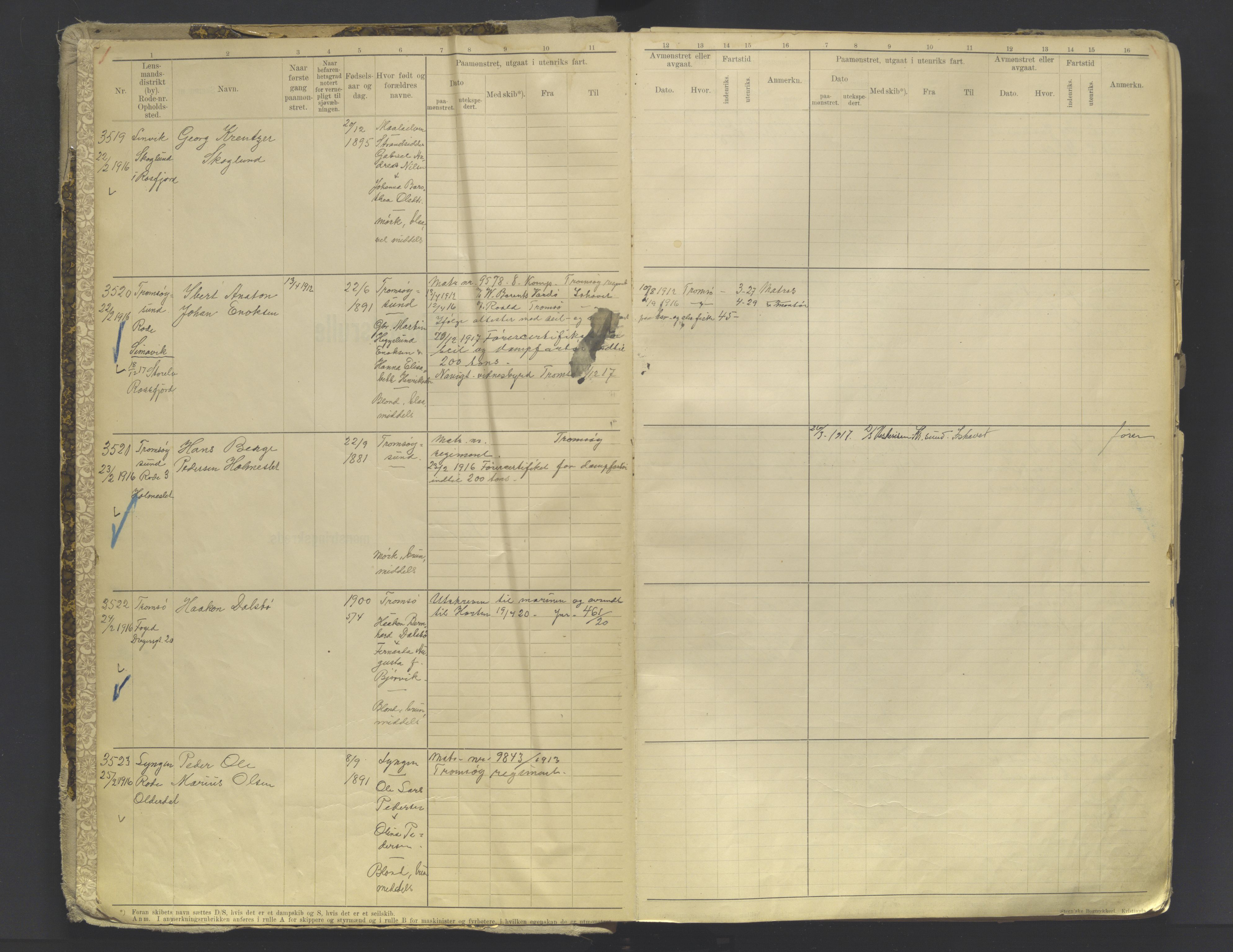 Tromsø sjømannskontor/innrullerings-/mønstringsdistrikt, AV/SATØ-S-0243/F/Fb/L0010: Annotasjonsrulle. Defekt: løs innbinding. Nr. 3519-4972, 1916-1920