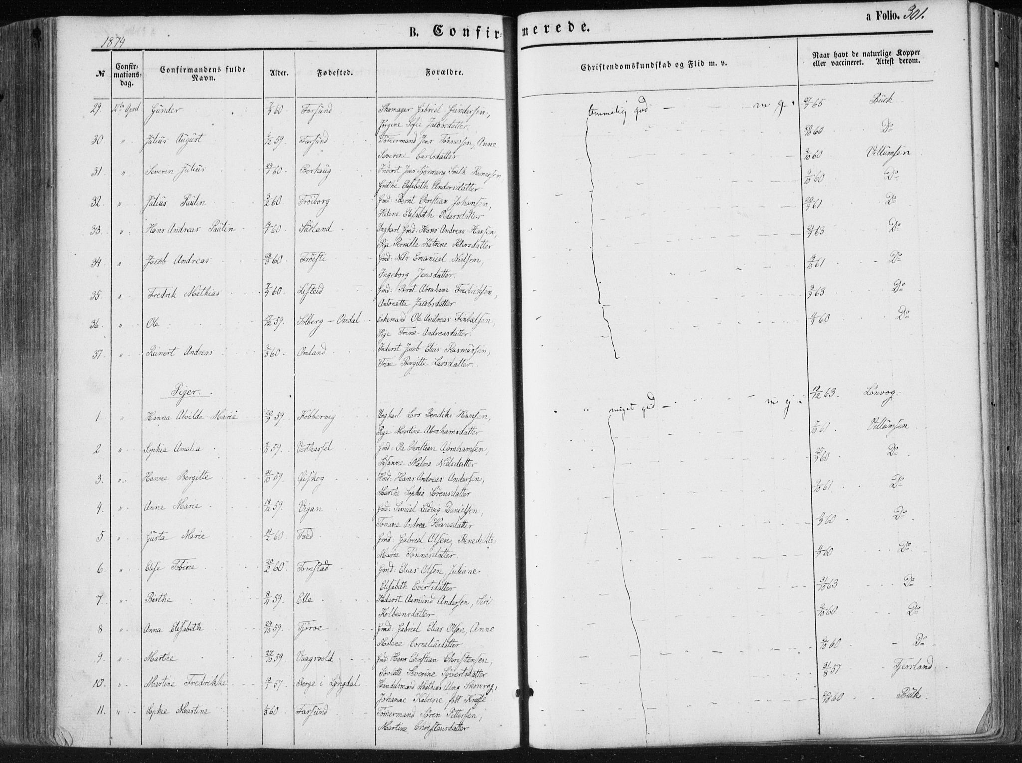 Lista sokneprestkontor, AV/SAK-1111-0027/F/Fa/L0011: Ministerialbok nr. A 11, 1861-1878, s. 301