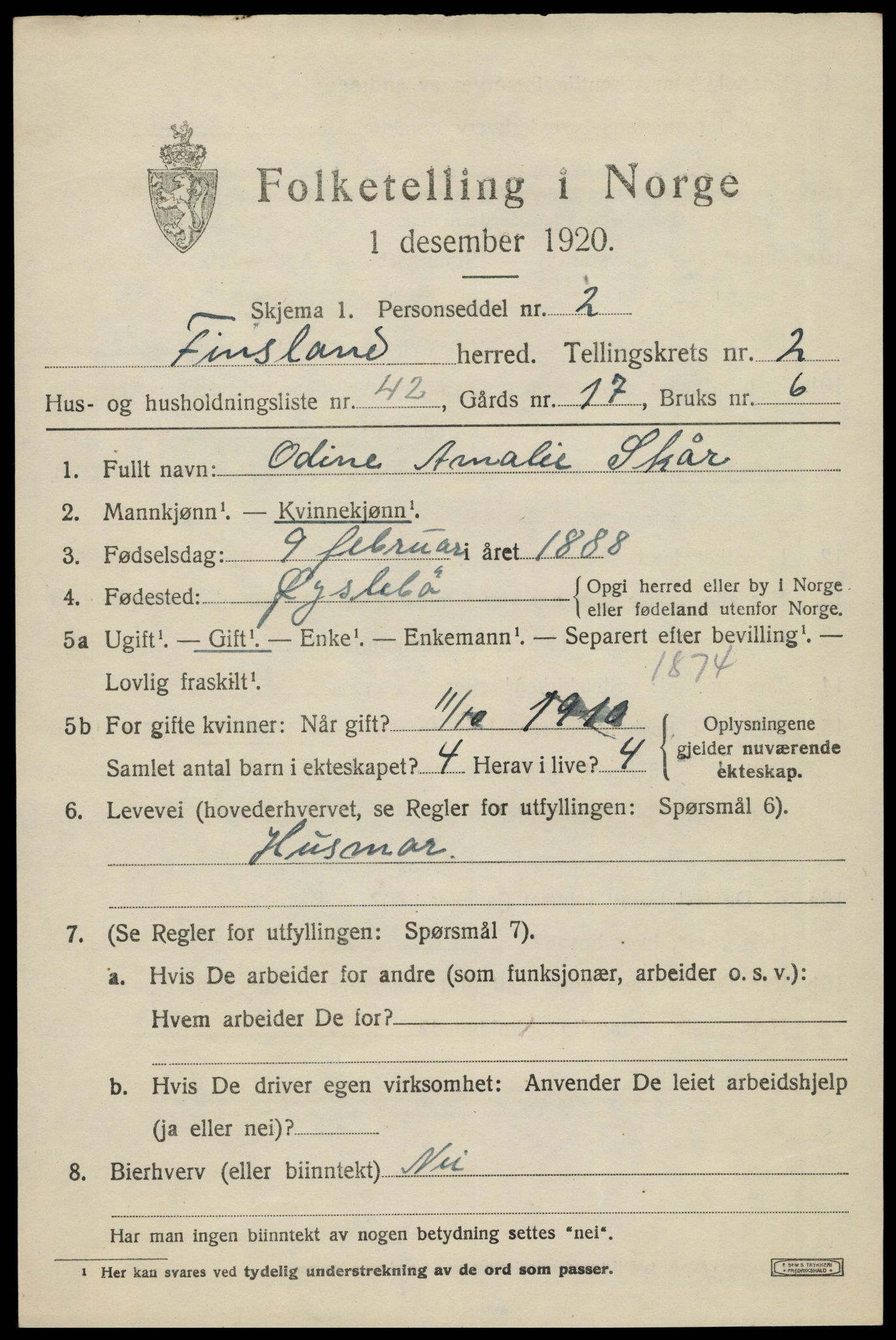 SAK, Folketelling 1920 for 1023 Finsland herred, 1920, s. 1172
