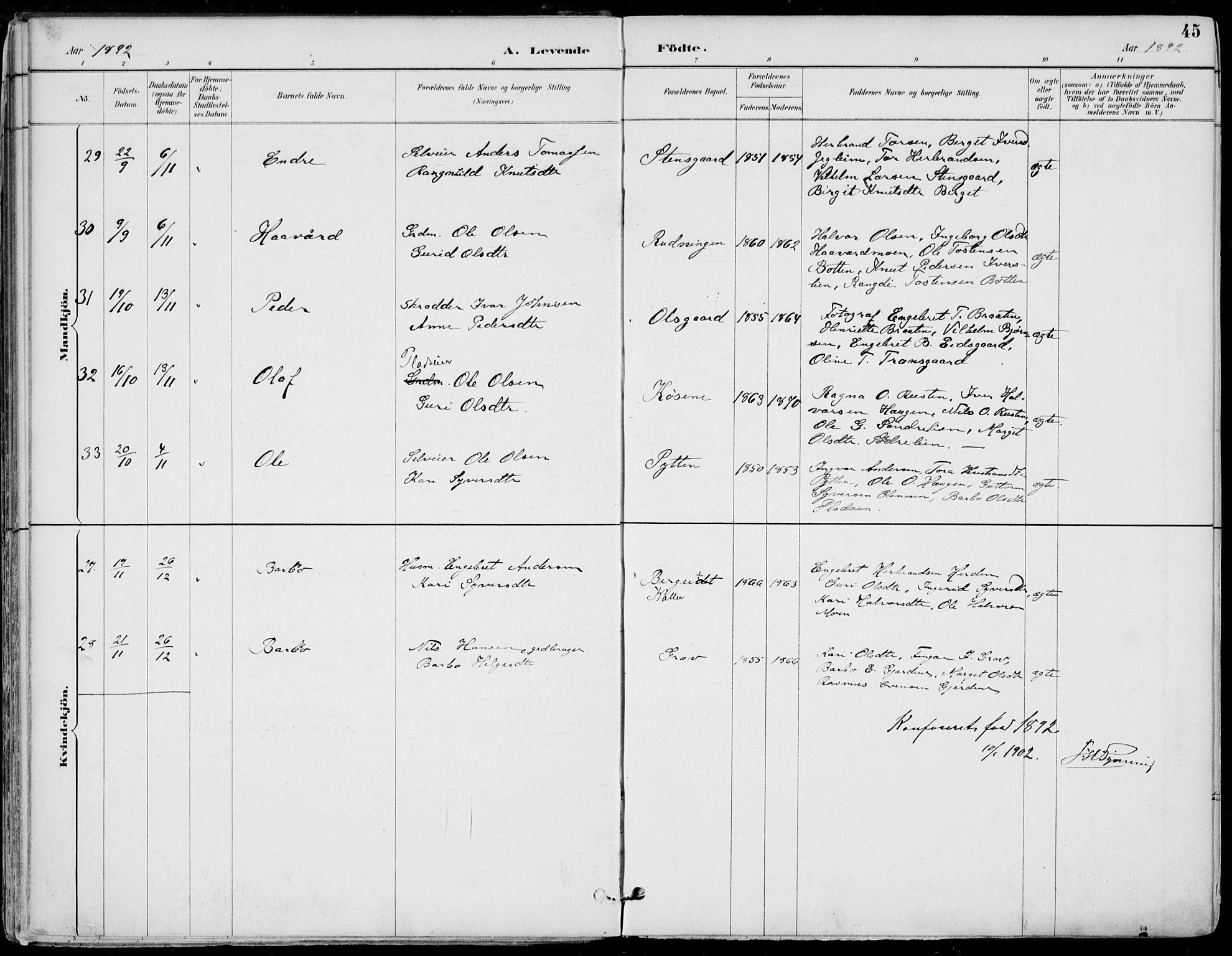 Gol kirkebøker, AV/SAKO-A-226/F/Fa/L0005: Ministerialbok nr. I 5, 1887-1900, s. 45