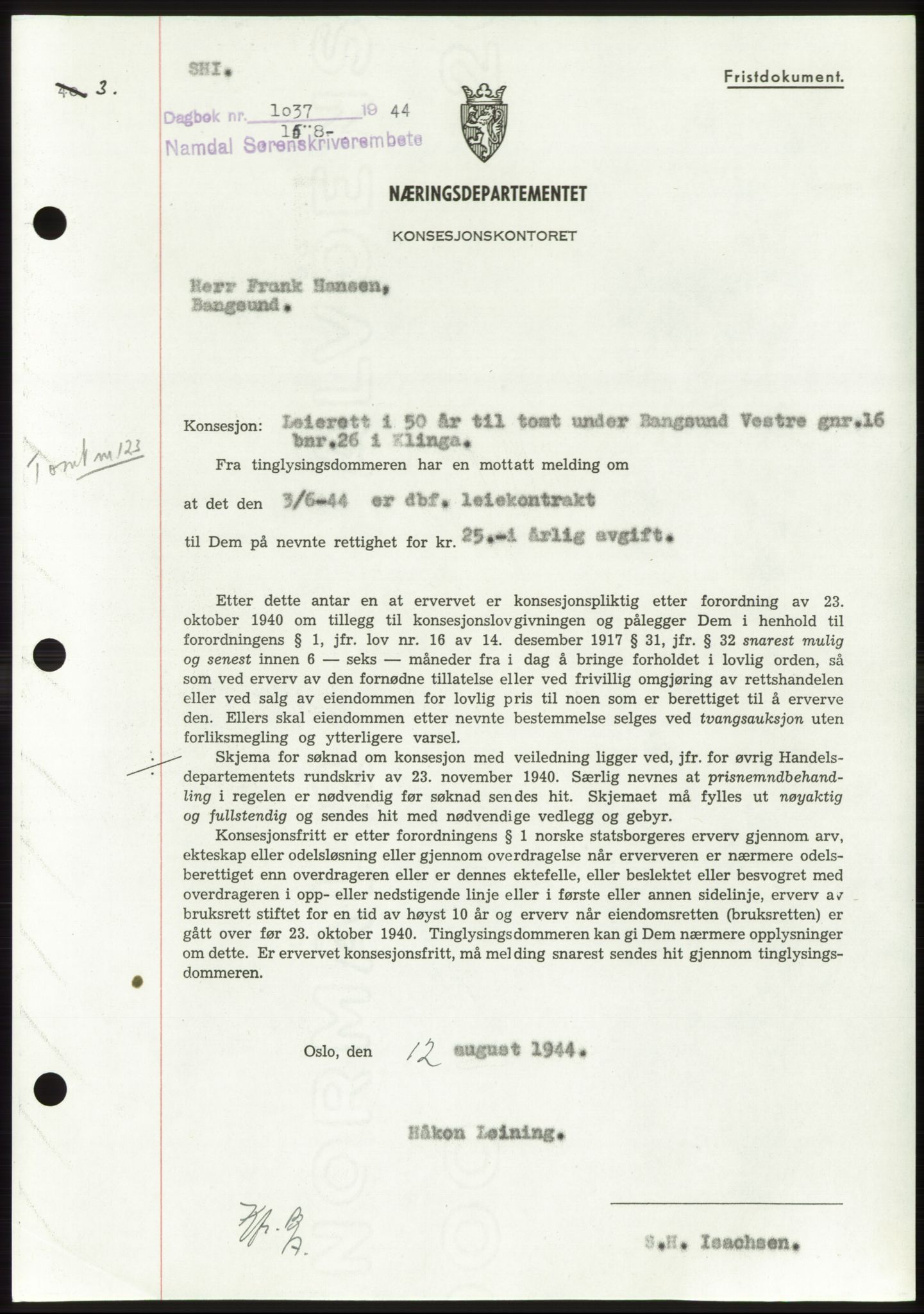 Namdal sorenskriveri, SAT/A-4133/1/2/2C: Pantebok nr. -, 1944-1945, Dagboknr: 1037/1944