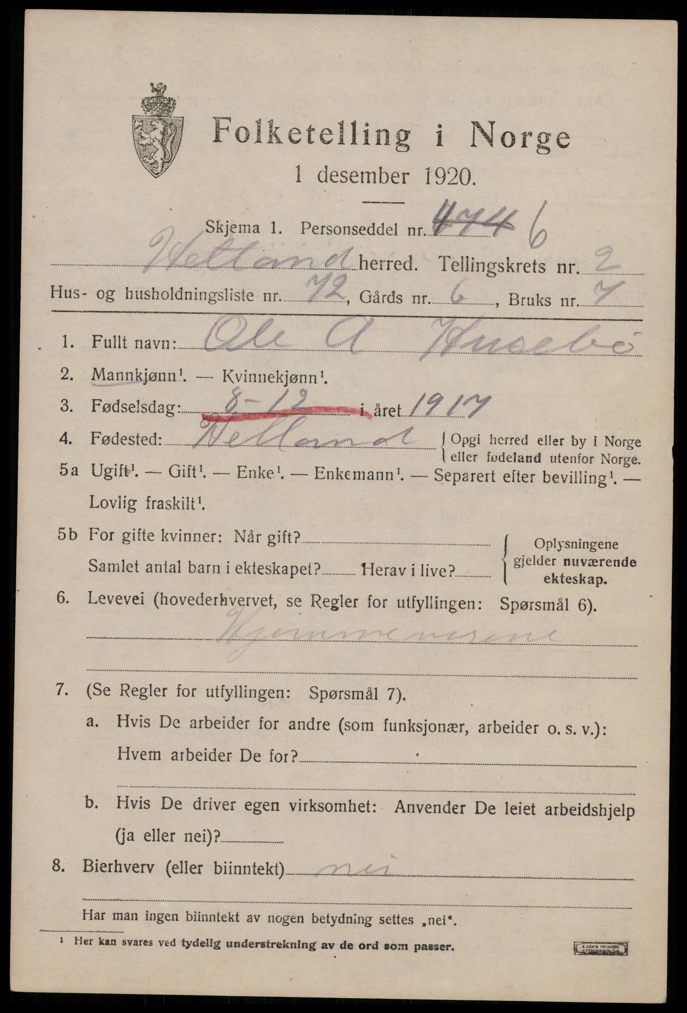 SAST, Folketelling 1920 for 1126 Hetland herred, 1920, s. 4945