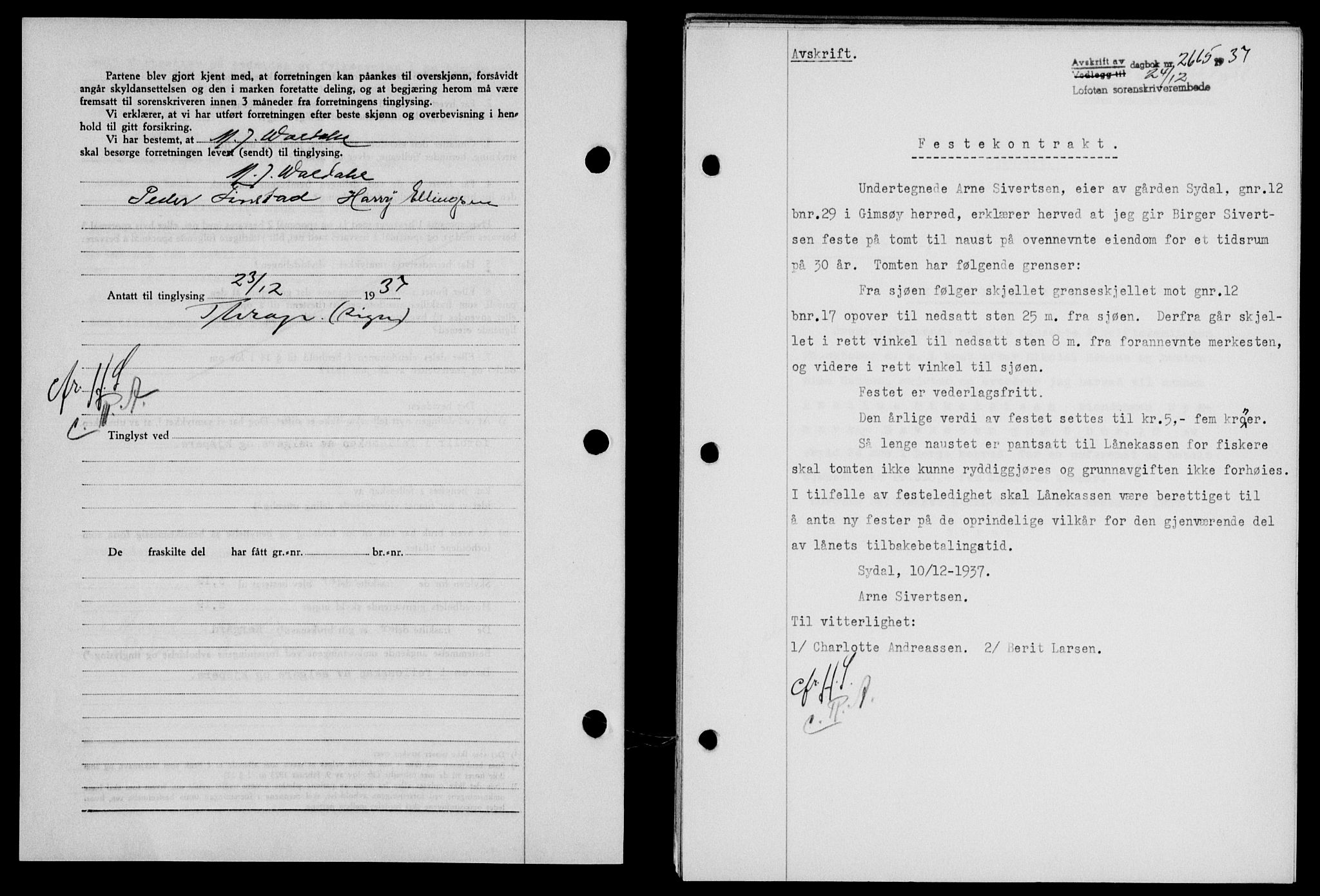 Lofoten sorenskriveri, SAT/A-0017/1/2/2C/L0003a: Pantebok nr. 3a, 1937-1938, Dagboknr: 2665/1937