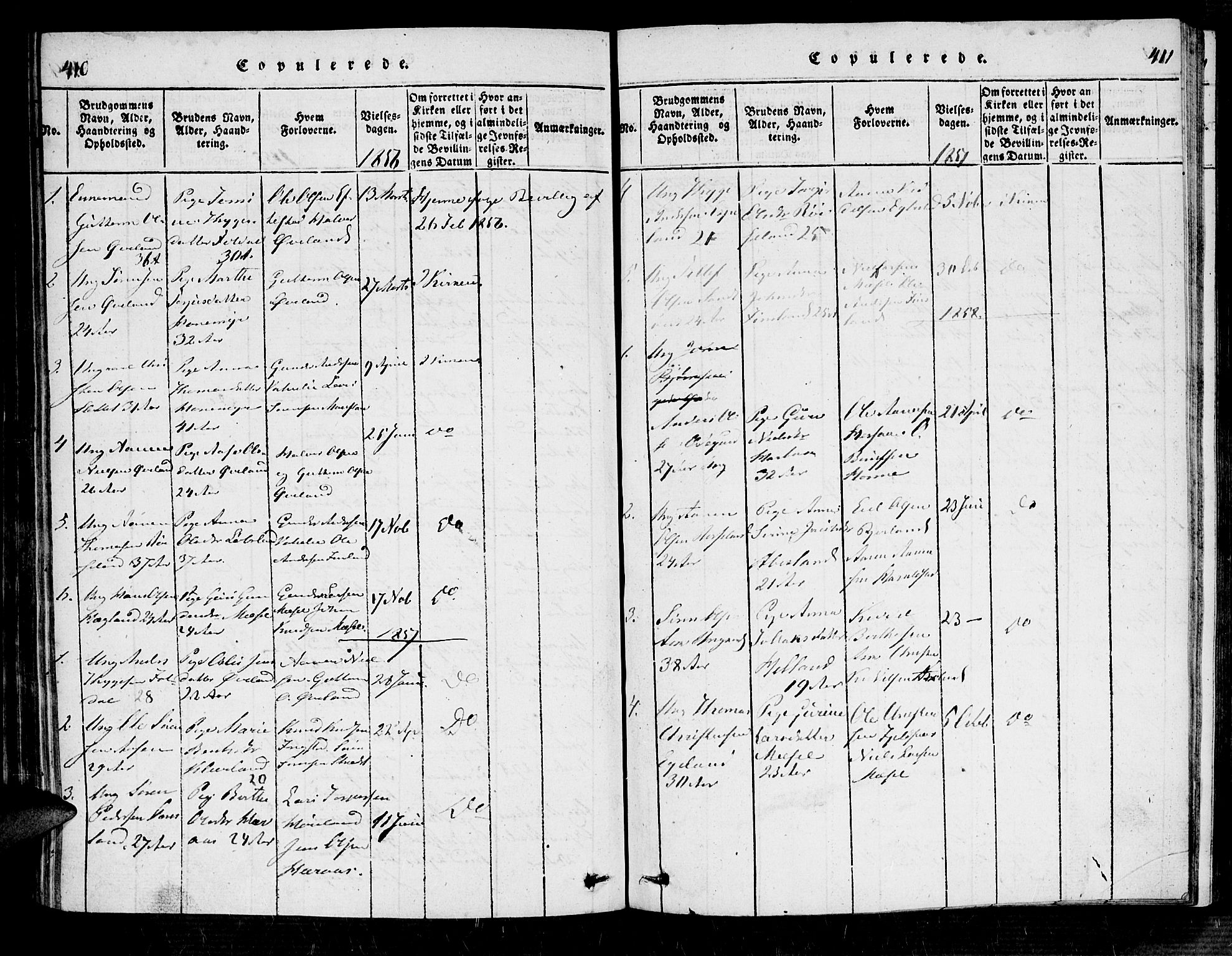 Bjelland sokneprestkontor, SAK/1111-0005/F/Fa/Fab/L0002: Ministerialbok nr. A 2, 1816-1869, s. 410-411