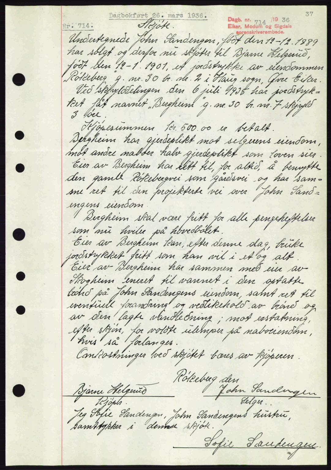 Eiker, Modum og Sigdal sorenskriveri, SAKO/A-123/G/Ga/Gab/L0032: Pantebok nr. A2, 1936-1936, Dagboknr: 714/1936