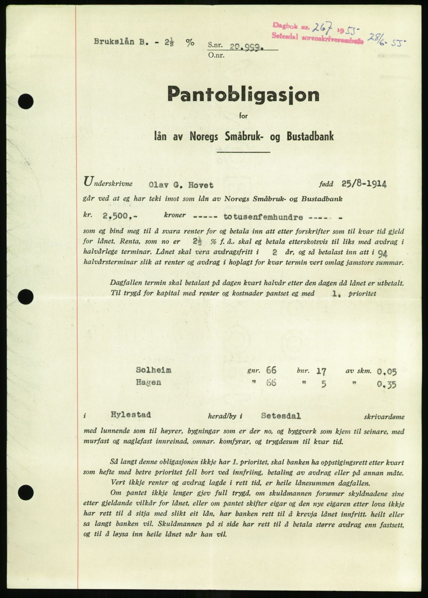 Setesdal sorenskriveri, SAK/1221-0011/G/Gb/L0052: Pantebok nr. B 40, 1954-1955, Dagboknr: 267/1955