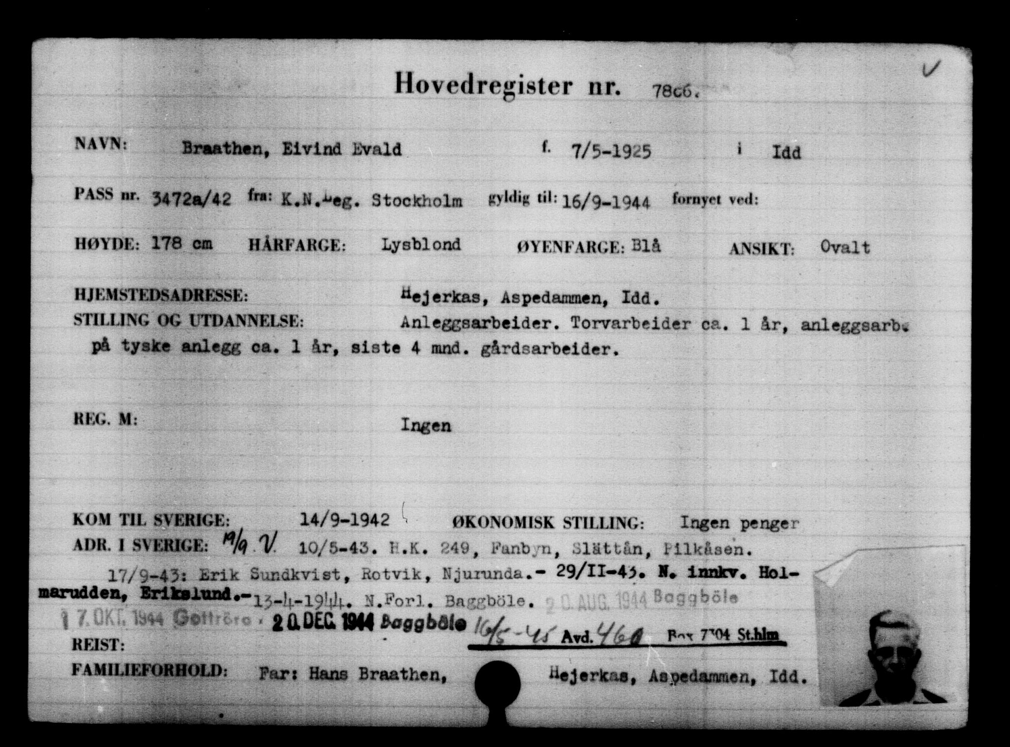 Utenriksstasjonene, Legasjonen i Stockholm, Flyktningkontoret, AV/RA-S-6753/V/Va/L0005: Kjesäterkartoteket, flyktninger med registreringsnr. 6600-9417, 1940-1945, s. 1413