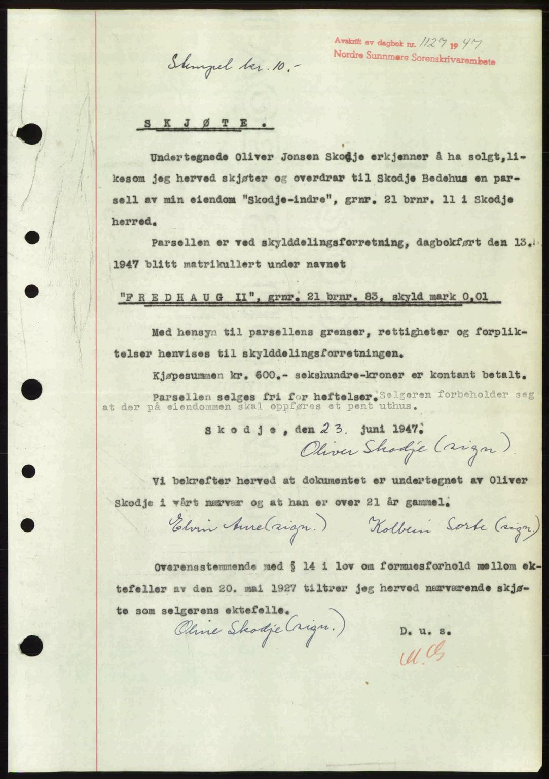 Nordre Sunnmøre sorenskriveri, AV/SAT-A-0006/1/2/2C/2Ca: Pantebok nr. A25, 1947-1947, Dagboknr: 1127/1947