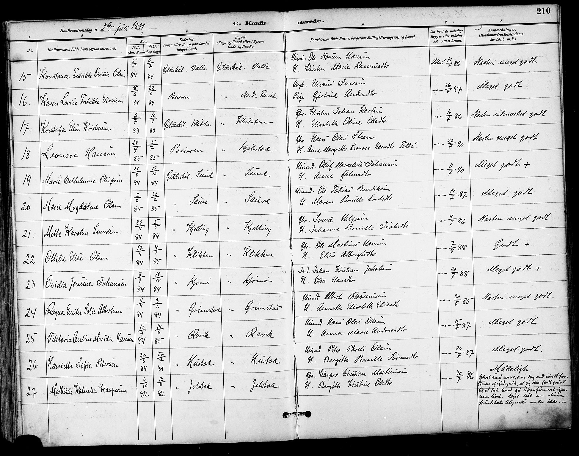 Ministerialprotokoller, klokkerbøker og fødselsregistre - Nordland, AV/SAT-A-1459/805/L0101: Ministerialbok nr. 805A07, 1892-1899, s. 210