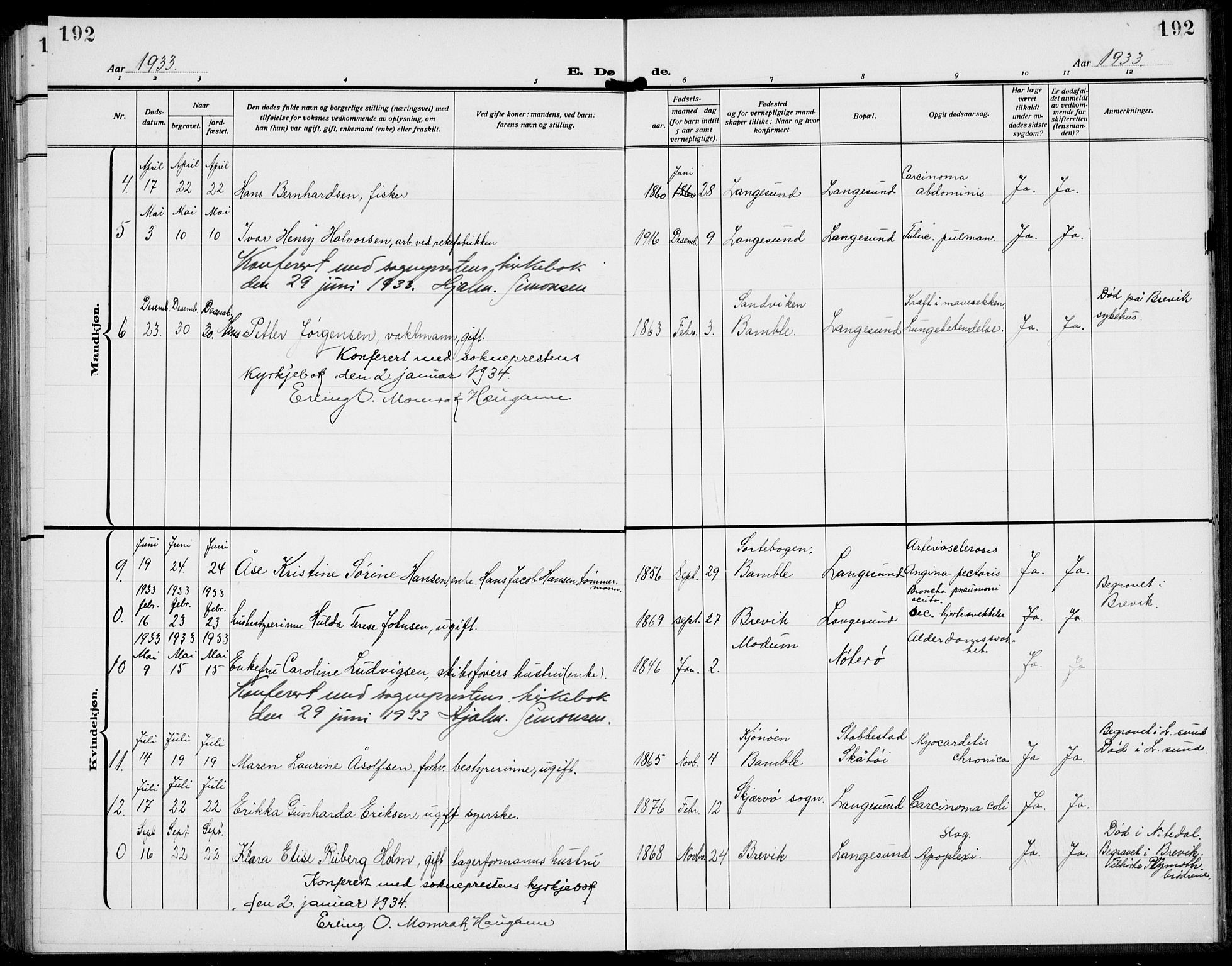 Langesund kirkebøker, AV/SAKO-A-280/G/Ga/L0007: Klokkerbok nr. 7, 1919-1939, s. 192