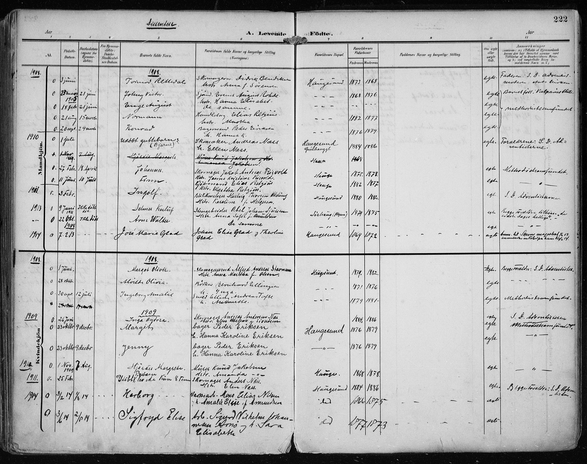 Haugesund sokneprestkontor, SAST/A -101863/H/Ha/Haa/L0008: Ministerialbok nr. A 8, 1908-1921, s. 222