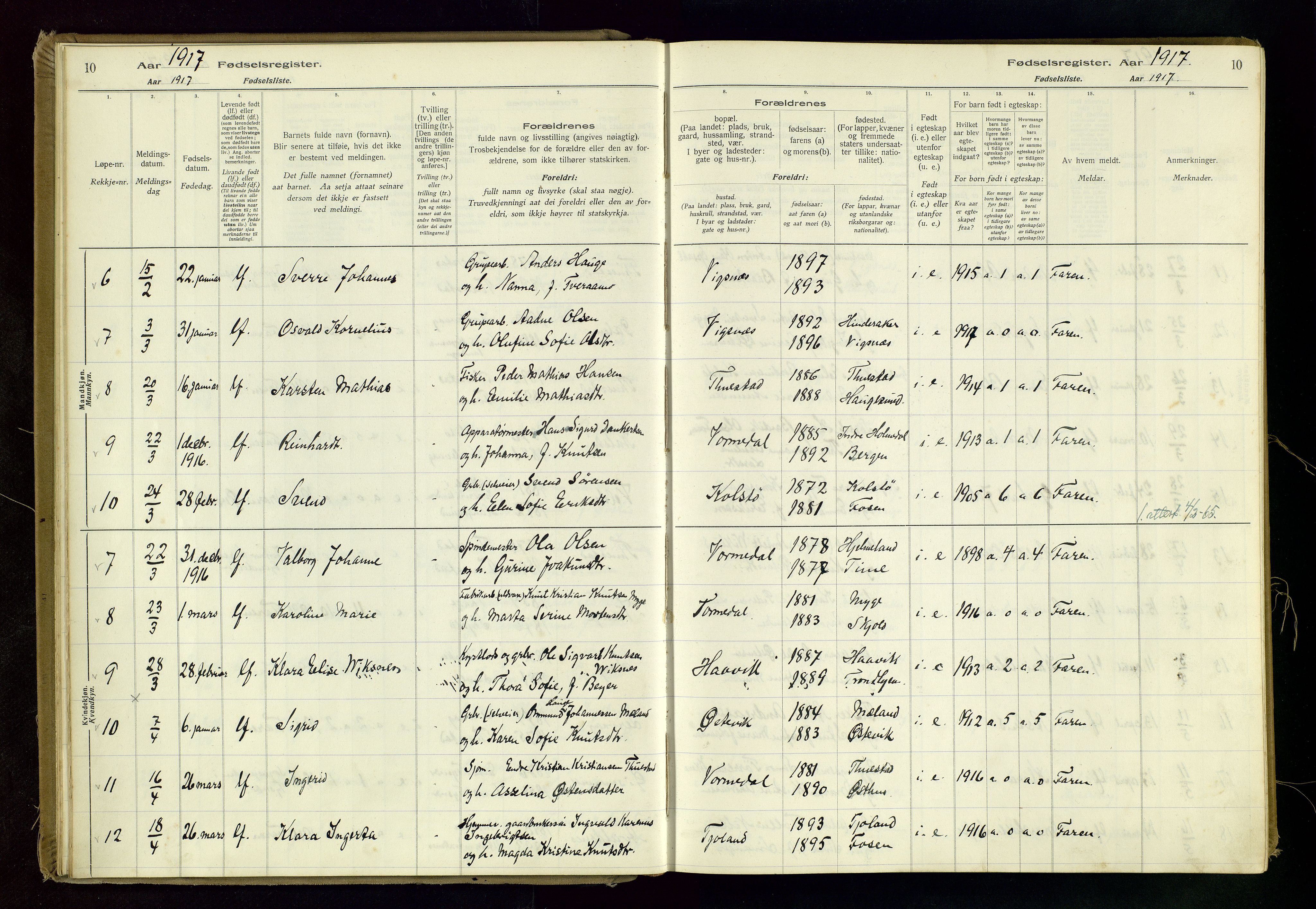 Avaldsnes sokneprestkontor, SAST/A -101851/I/Id/L0001: Fødselsregister nr. 1, 1916-1946, s. 10