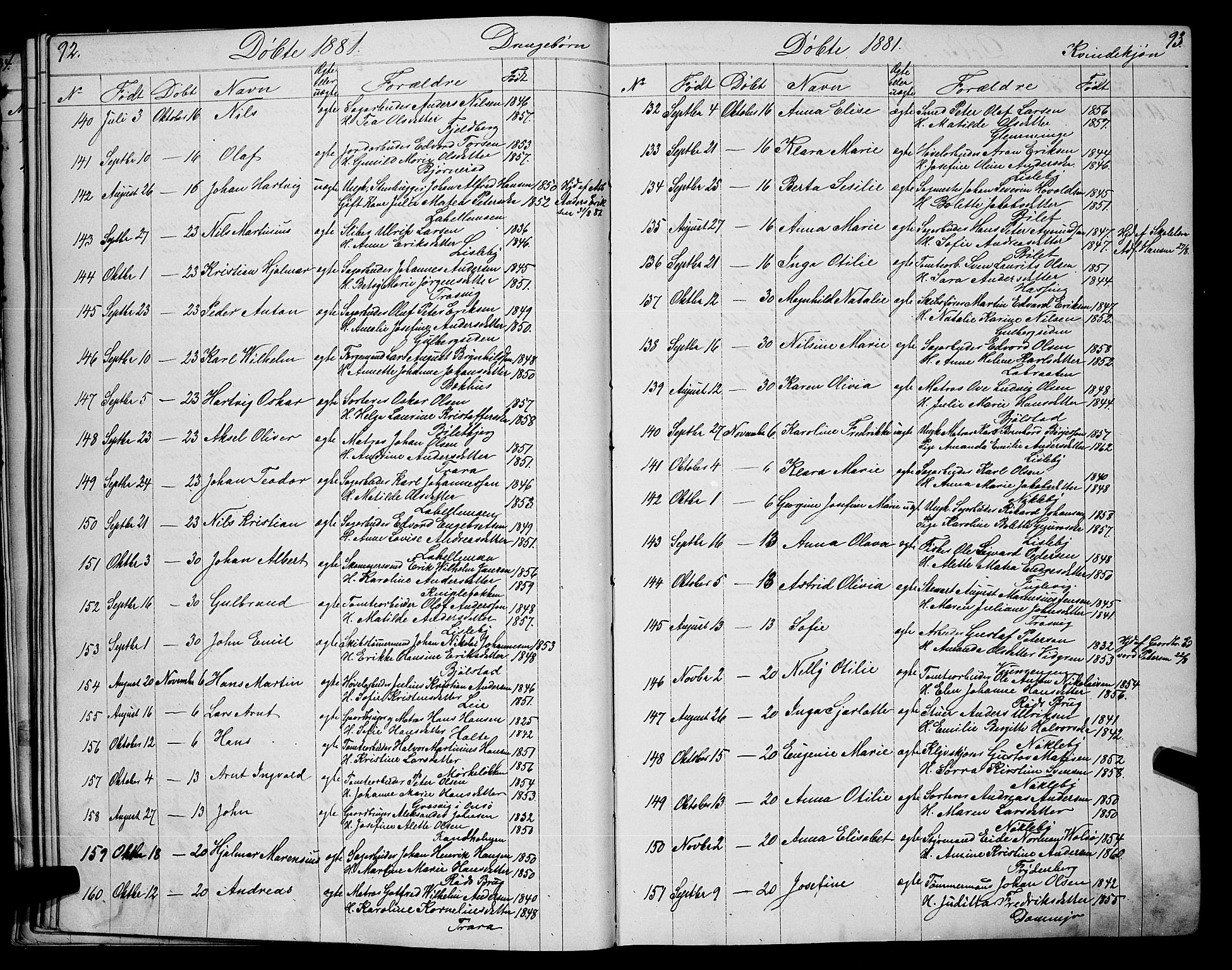 Glemmen prestekontor Kirkebøker, AV/SAO-A-10908/G/Ga/L0005: Klokkerbok nr. 5, 1876-1893, s. 92-93