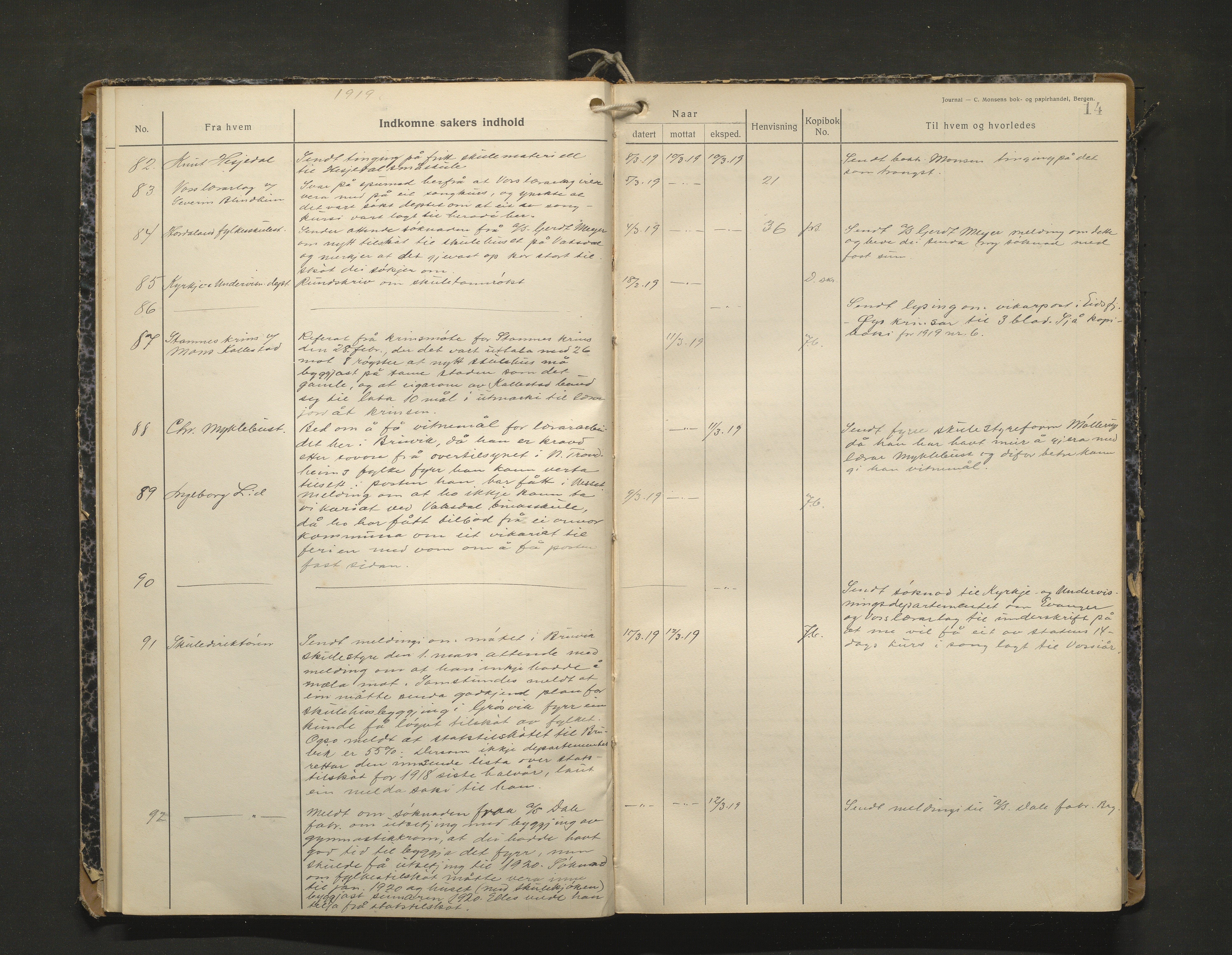 Bruvik kommune. Skulestyre, IKAH/1251a-211/C/Ca/L0003: Postjournal for Bruvik skulestyre, 1918-1920