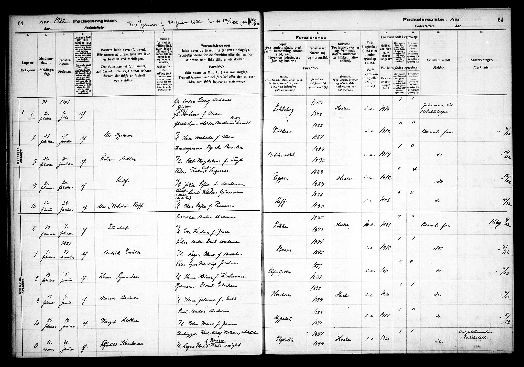 Hvaler prestekontor Kirkebøker, AV/SAO-A-2001/J/Ja/L0001: Fødselsregister nr. I 1, 1916-1938, s. 64