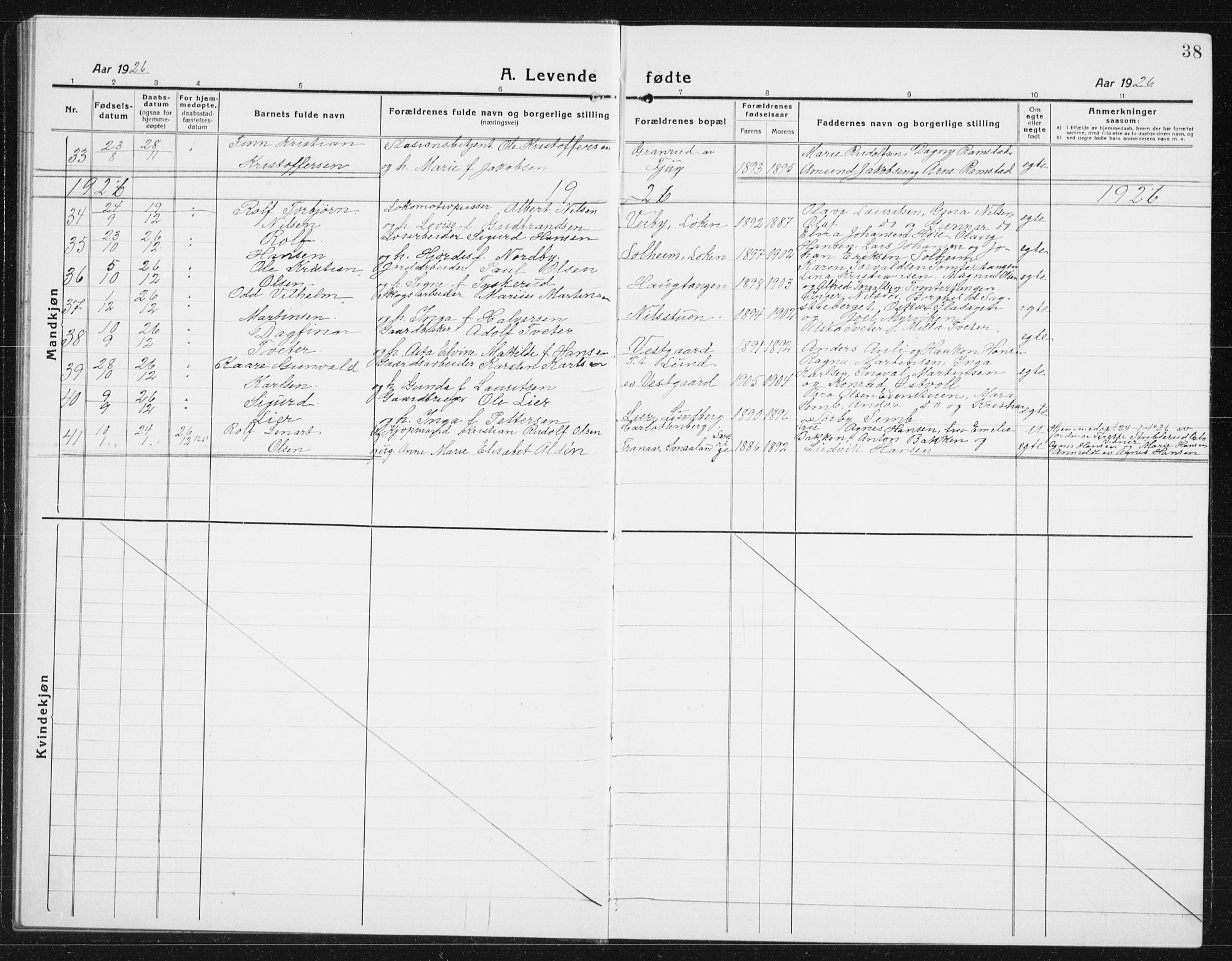 Nes prestekontor Kirkebøker, AV/SAO-A-10410/G/Gc/L0002: Klokkerbok nr. III 2, 1915-1943, s. 38