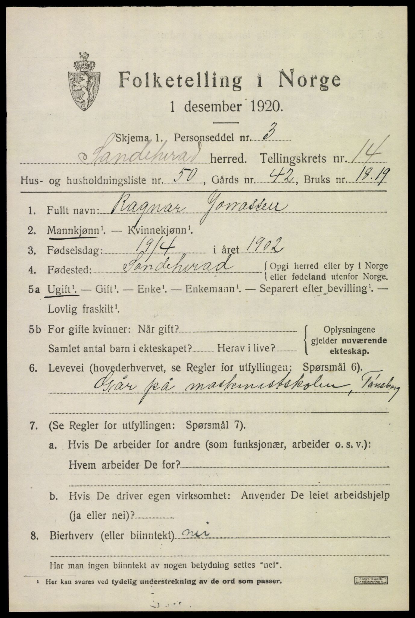 SAKO, Folketelling 1920 for 0724 Sandeherred herred, 1920, s. 20886