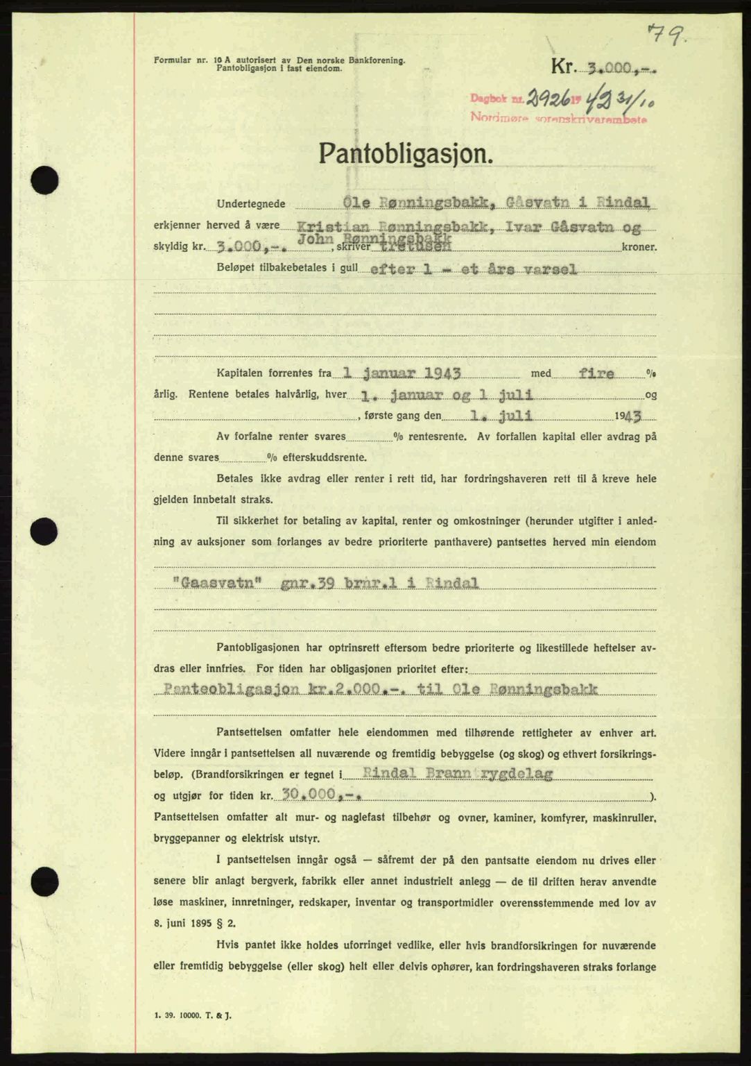 Nordmøre sorenskriveri, SAT/A-4132/1/2/2Ca: Pantebok nr. B90, 1942-1943, Dagboknr: 2926/1942