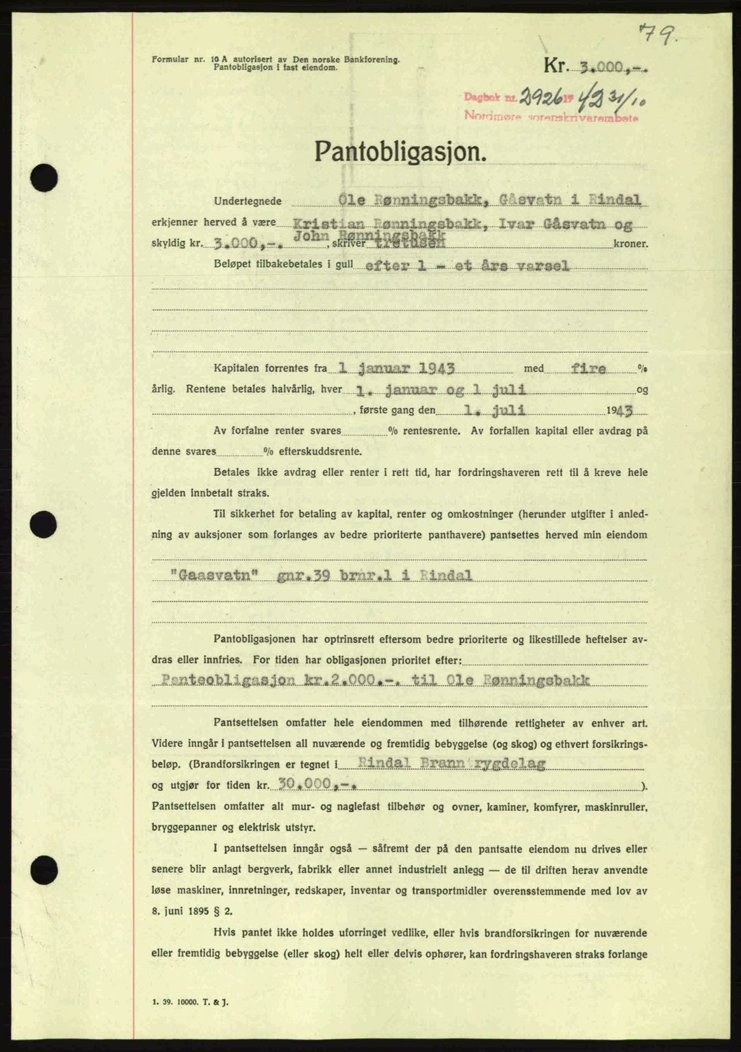 Nordmøre sorenskriveri, AV/SAT-A-4132/1/2/2Ca: Pantebok nr. B90, 1942-1943, Dagboknr: 2926/1942