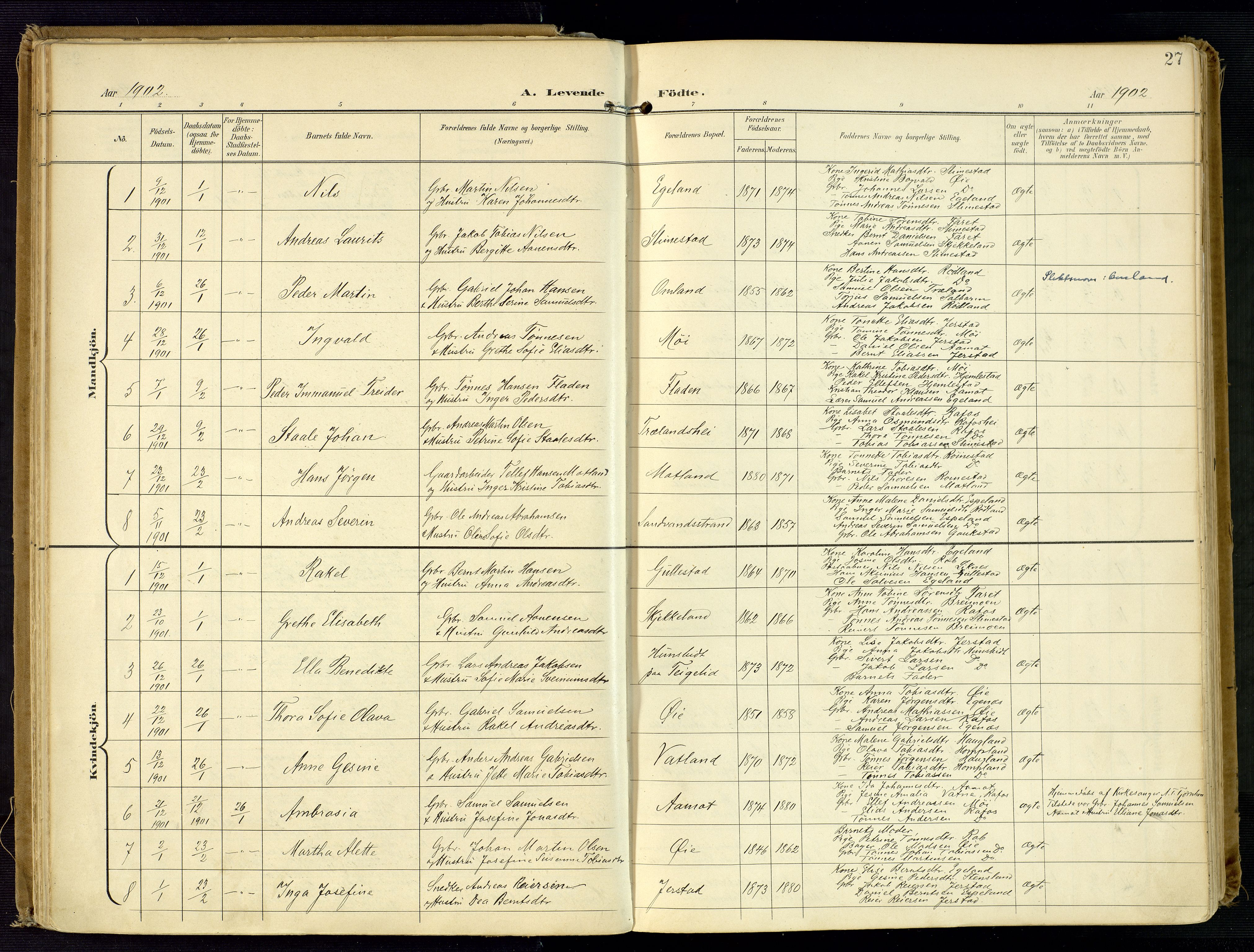 Kvinesdal sokneprestkontor, SAK/1111-0026/F/Fa/Fab/L0009: Ministerialbok nr. A 9, 1898-1915, s. 27