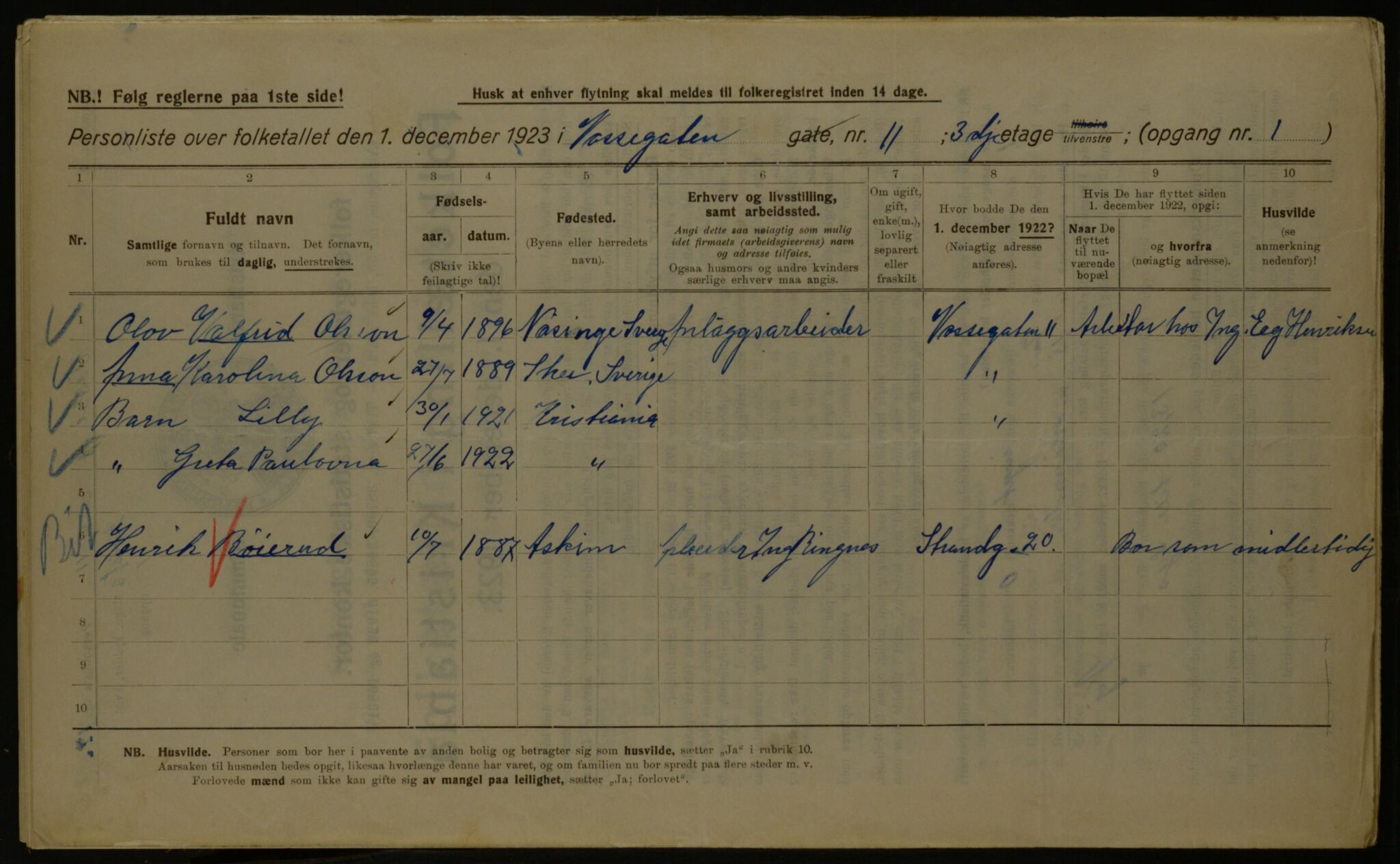 OBA, Kommunal folketelling 1.12.1923 for Kristiania, 1923, s. 138509