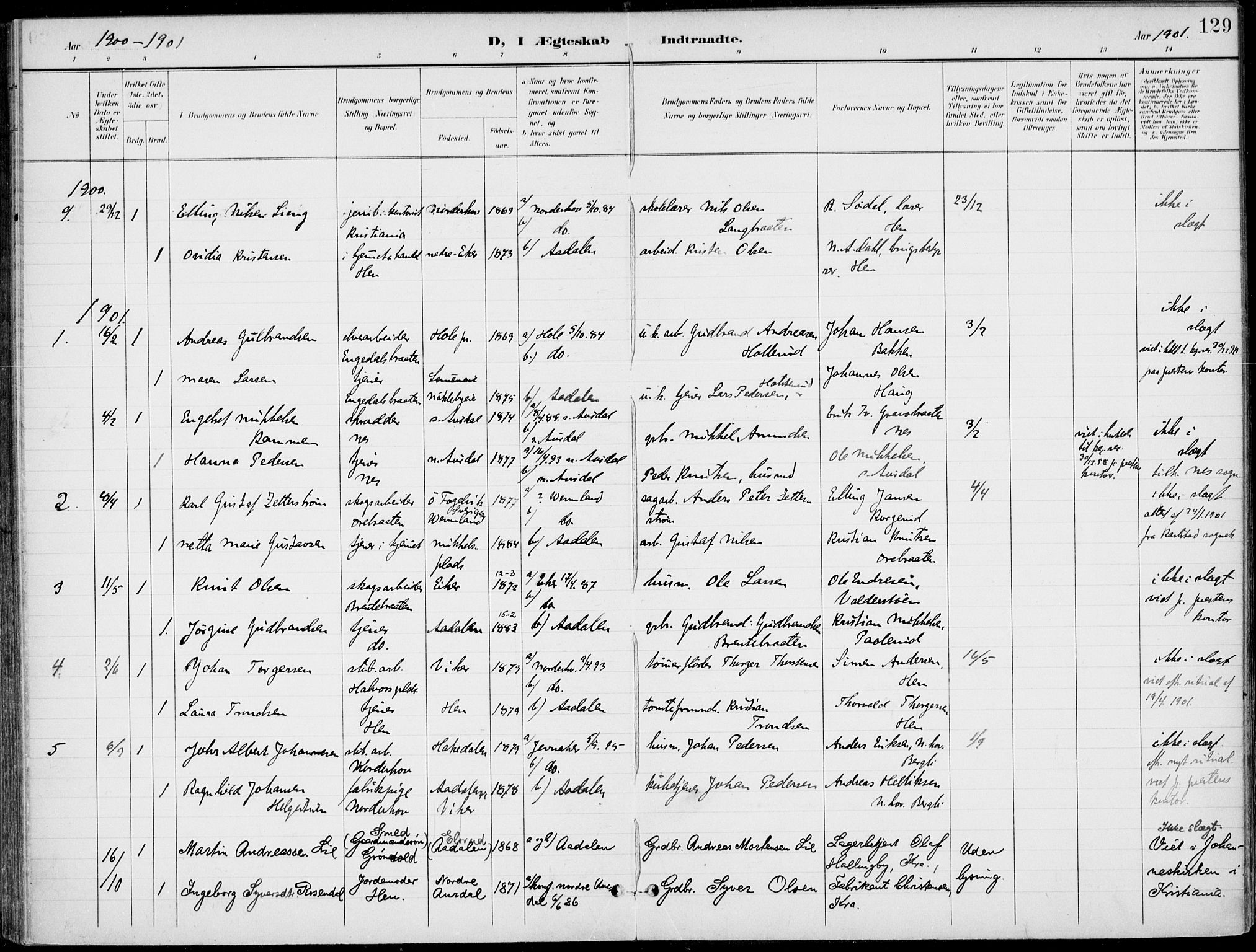 Ådal kirkebøker, AV/SAKO-A-248/F/Fb/L0002: Ministerialbok nr. II 2, 1898-1917, s. 129