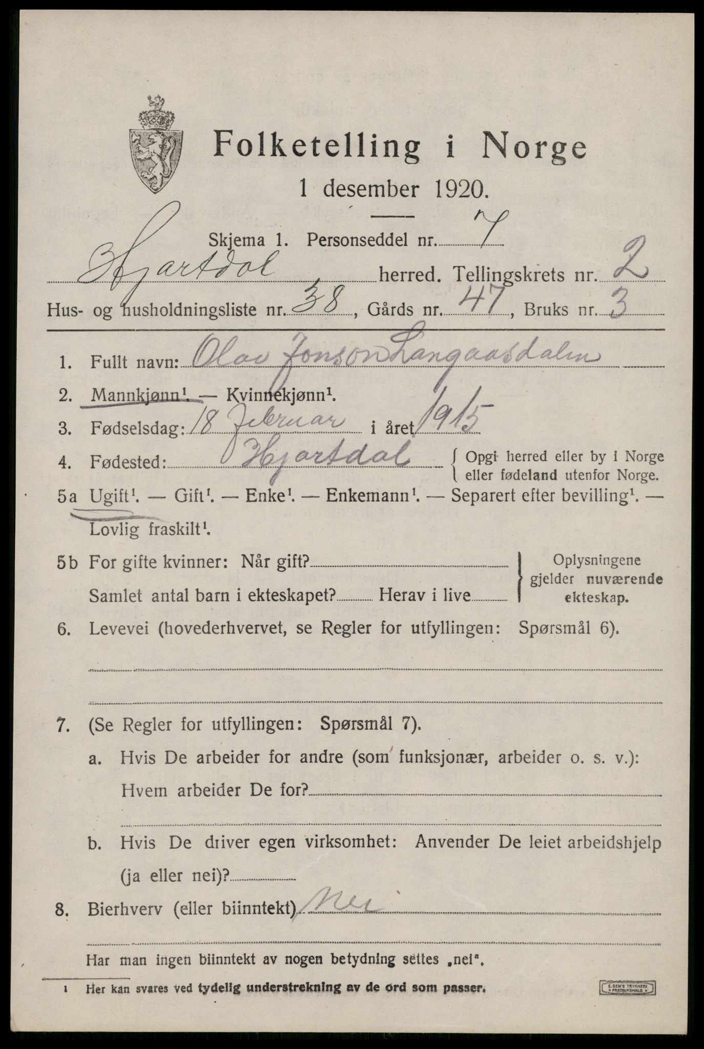 SAKO, Folketelling 1920 for 0827 Hjartdal herred, 1920, s. 2230
