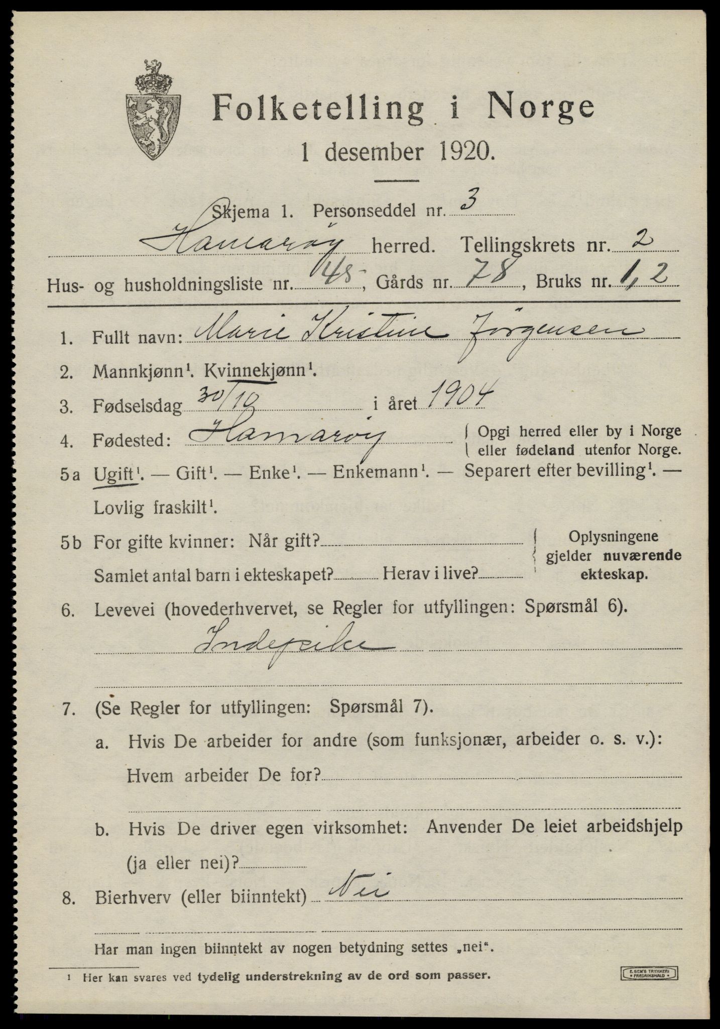 SAT, Folketelling 1920 for 1849 Hamarøy herred, 1920, s. 2014