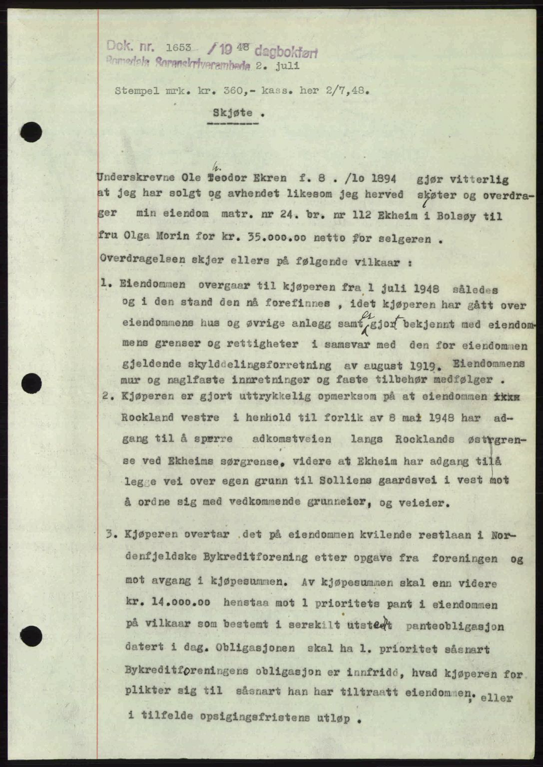 Romsdal sorenskriveri, SAT/A-4149/1/2/2C: Pantebok nr. A26, 1948-1948, Dagboknr: 1653/1948