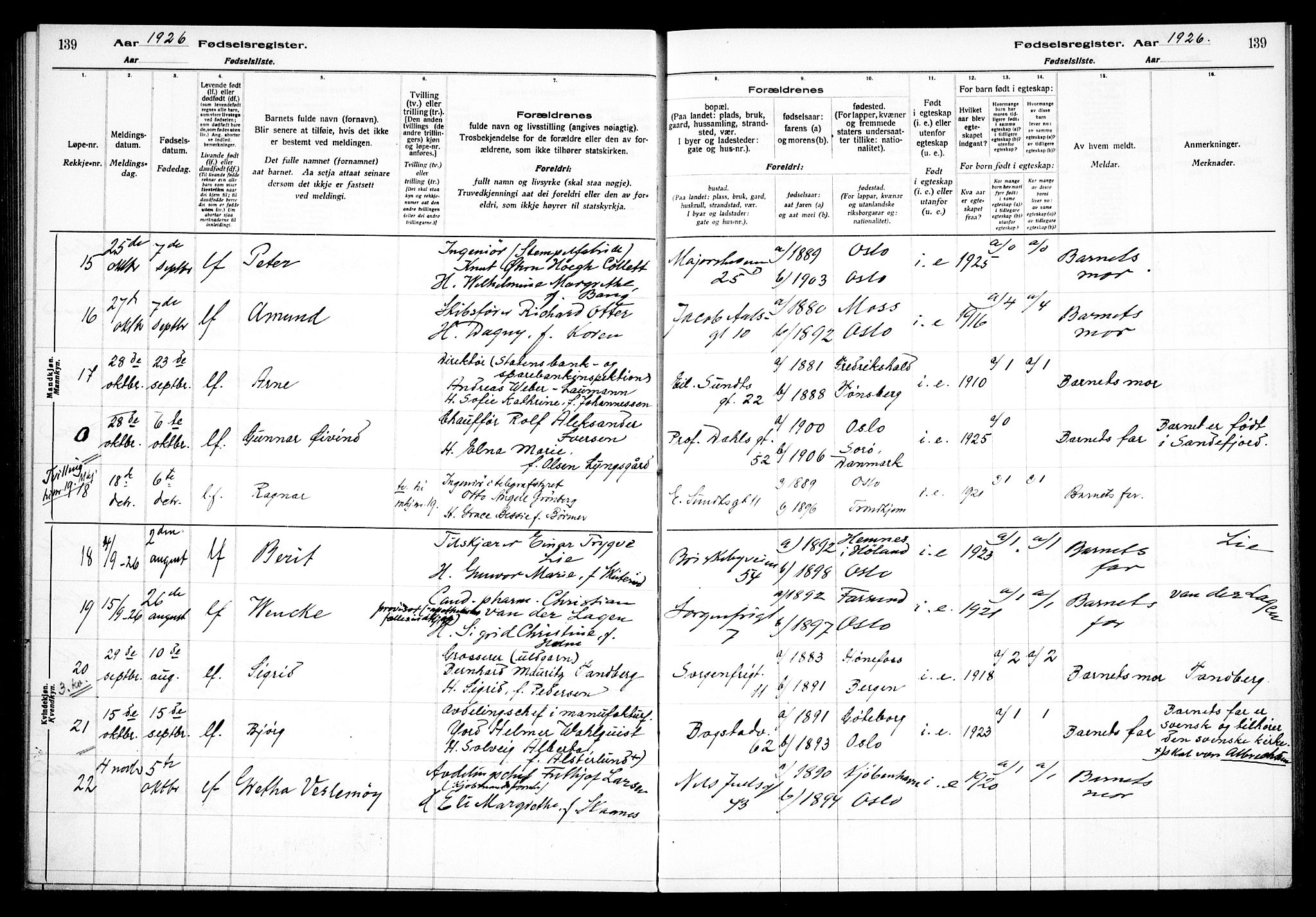 Uranienborg prestekontor Kirkebøker, AV/SAO-A-10877/J/Ja/L0001: Fødselsregister nr. 1, 1916-1930, s. 139