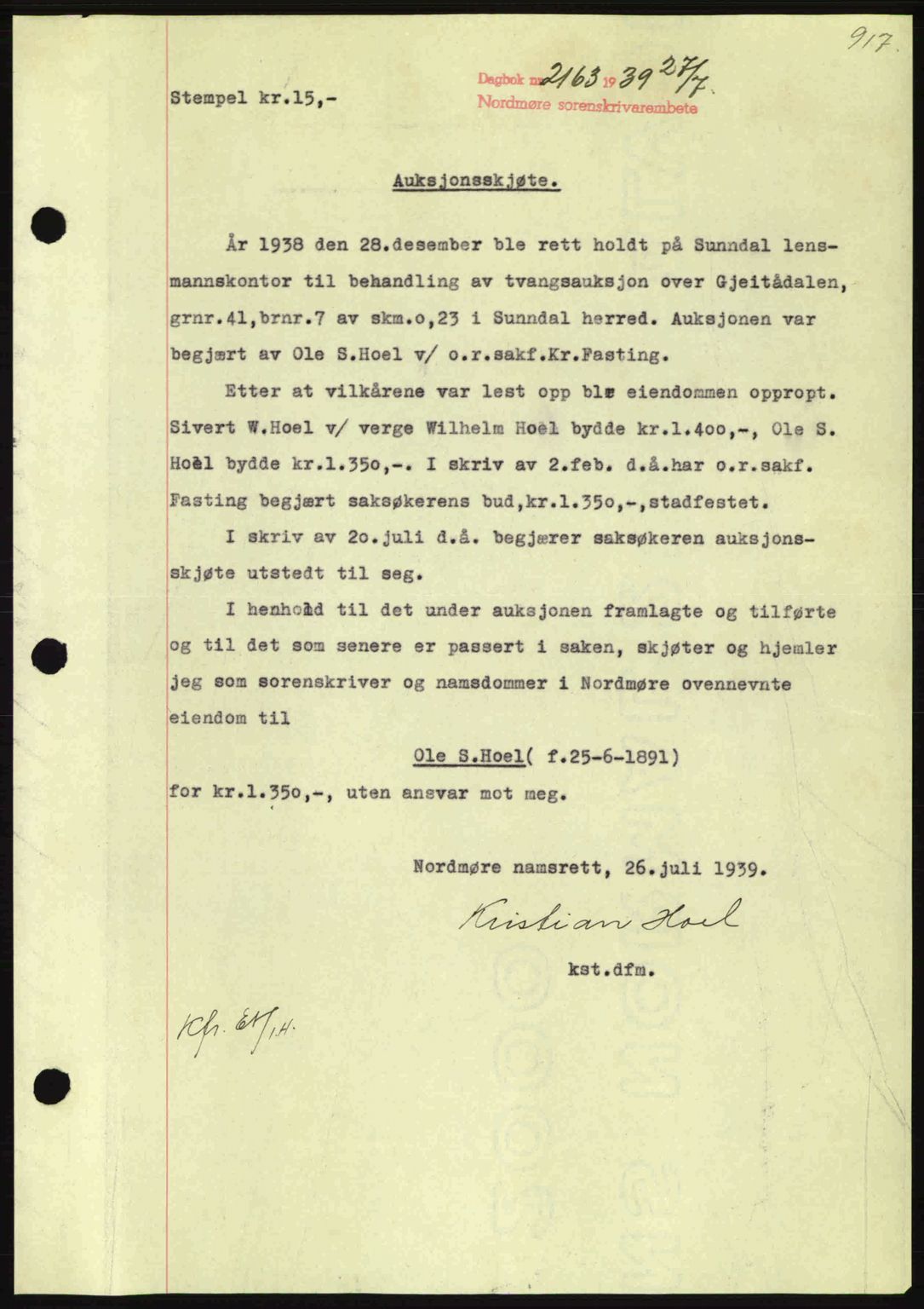 Nordmøre sorenskriveri, SAT/A-4132/1/2/2Ca: Pantebok nr. A86, 1939-1939, Dagboknr: 2163/1939