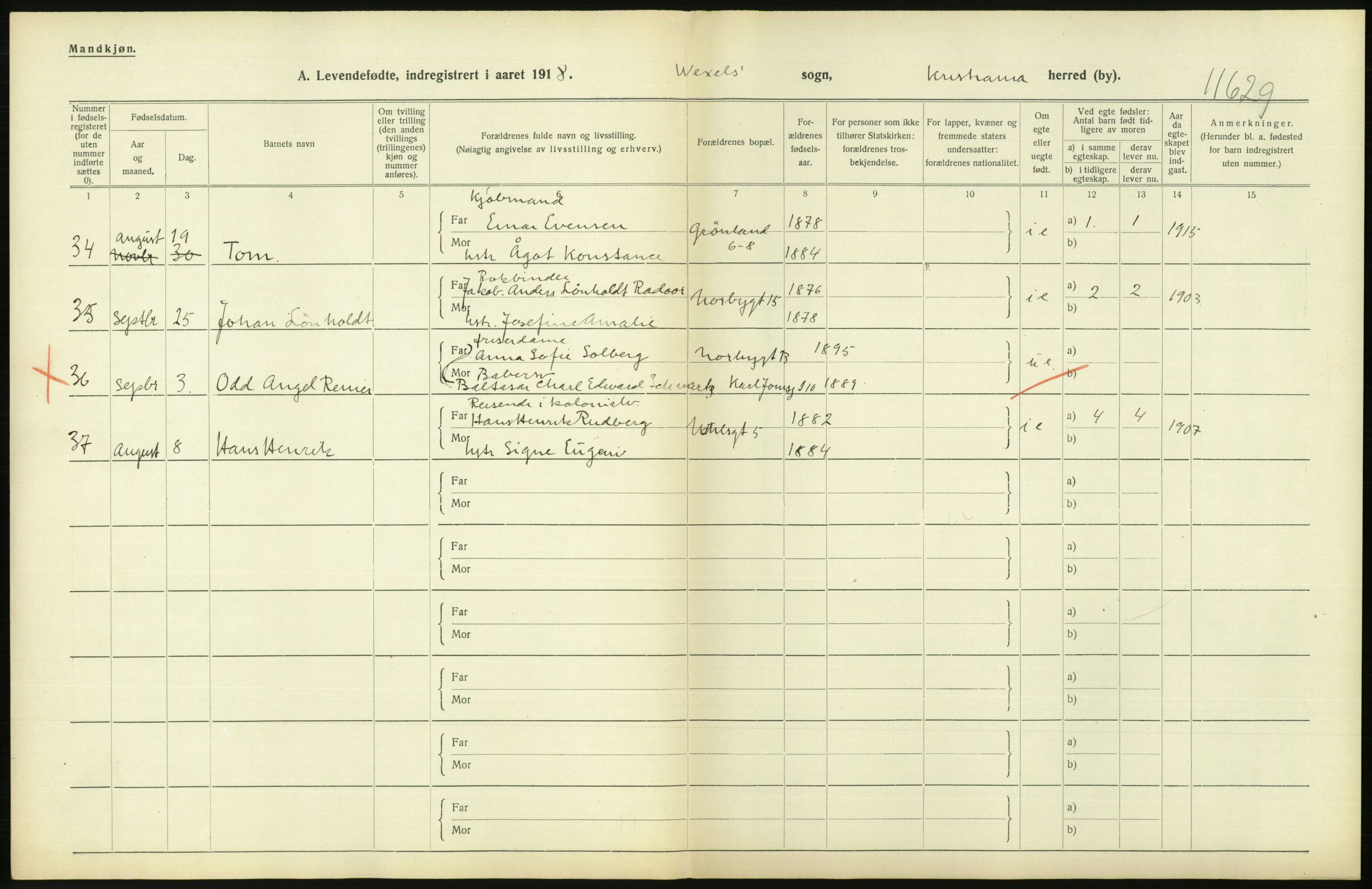 Statistisk sentralbyrå, Sosiodemografiske emner, Befolkning, RA/S-2228/D/Df/Dfb/Dfbh/L0008: Kristiania: Levendefødte menn og kvinner., 1918, s. 800