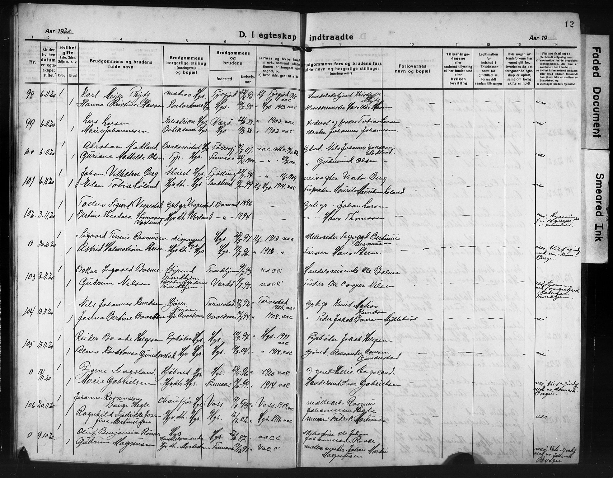 Haugesund sokneprestkontor, AV/SAST-A -101863/H/Ha/Hab/L0010: Klokkerbok nr. B 10, 1920-1931, s. 12