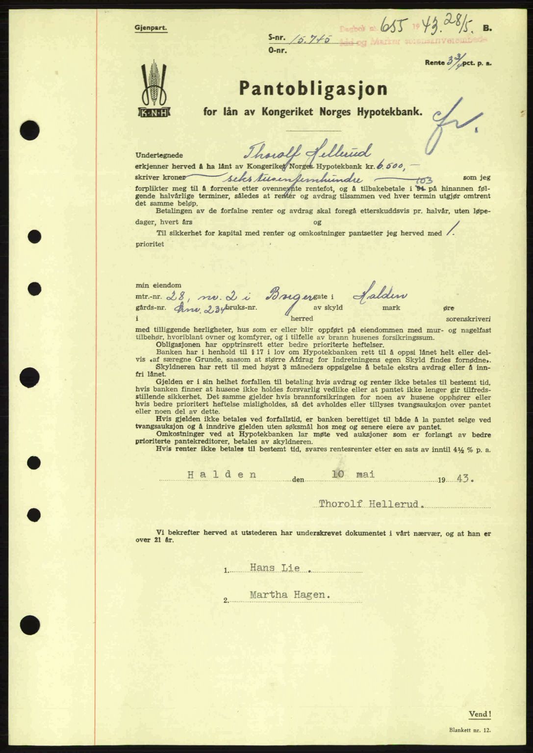 Idd og Marker sorenskriveri, AV/SAO-A-10283/G/Gb/Gbc/L0002: Pantebok nr. B4-9a, 1939-1945, Dagboknr: 655/1943