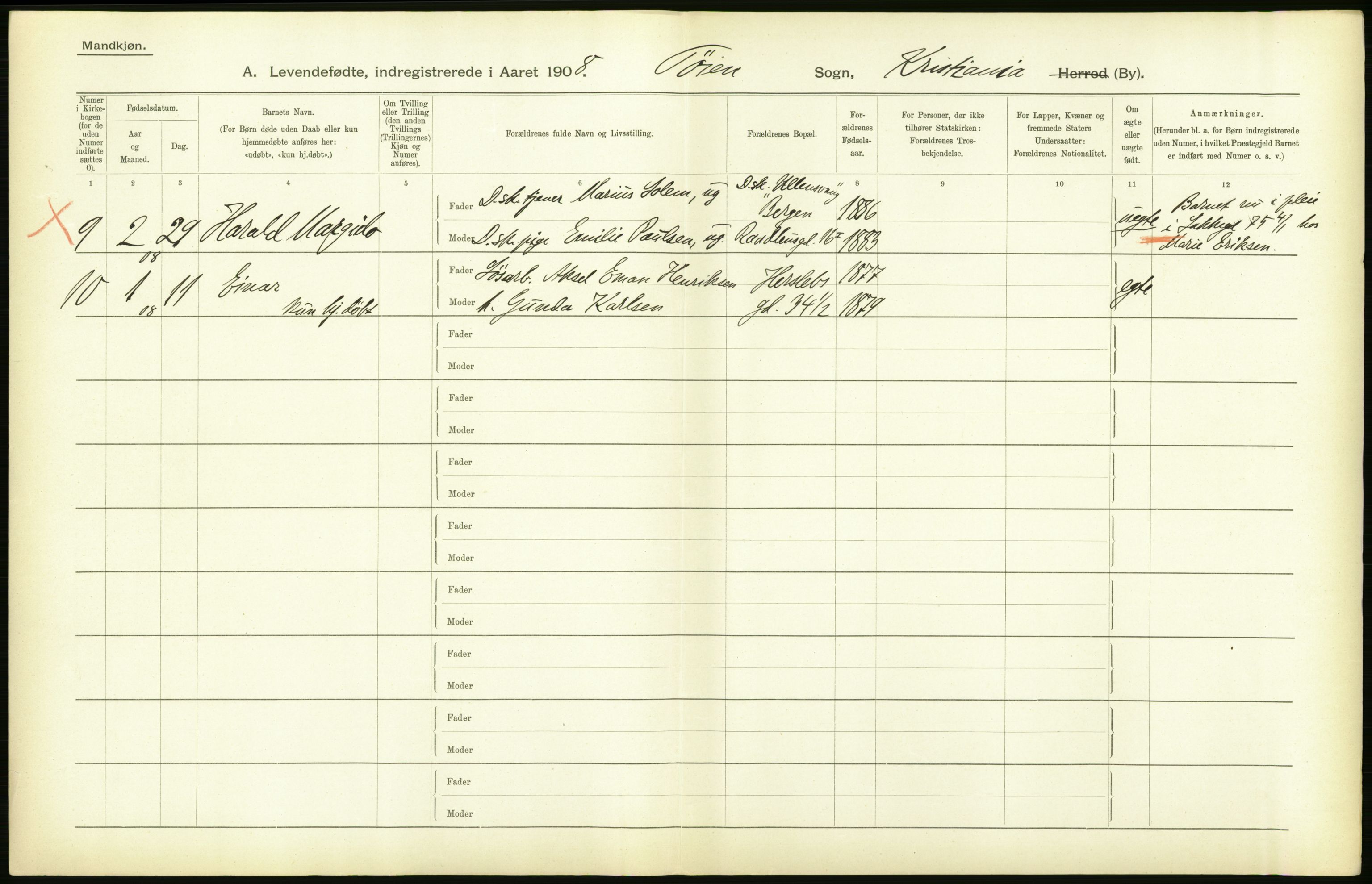 Statistisk sentralbyrå, Sosiodemografiske emner, Befolkning, AV/RA-S-2228/D/Df/Dfa/Dfaf/L0005: Kristiania: Levendefødte menn og kvinner., 1908, s. 46