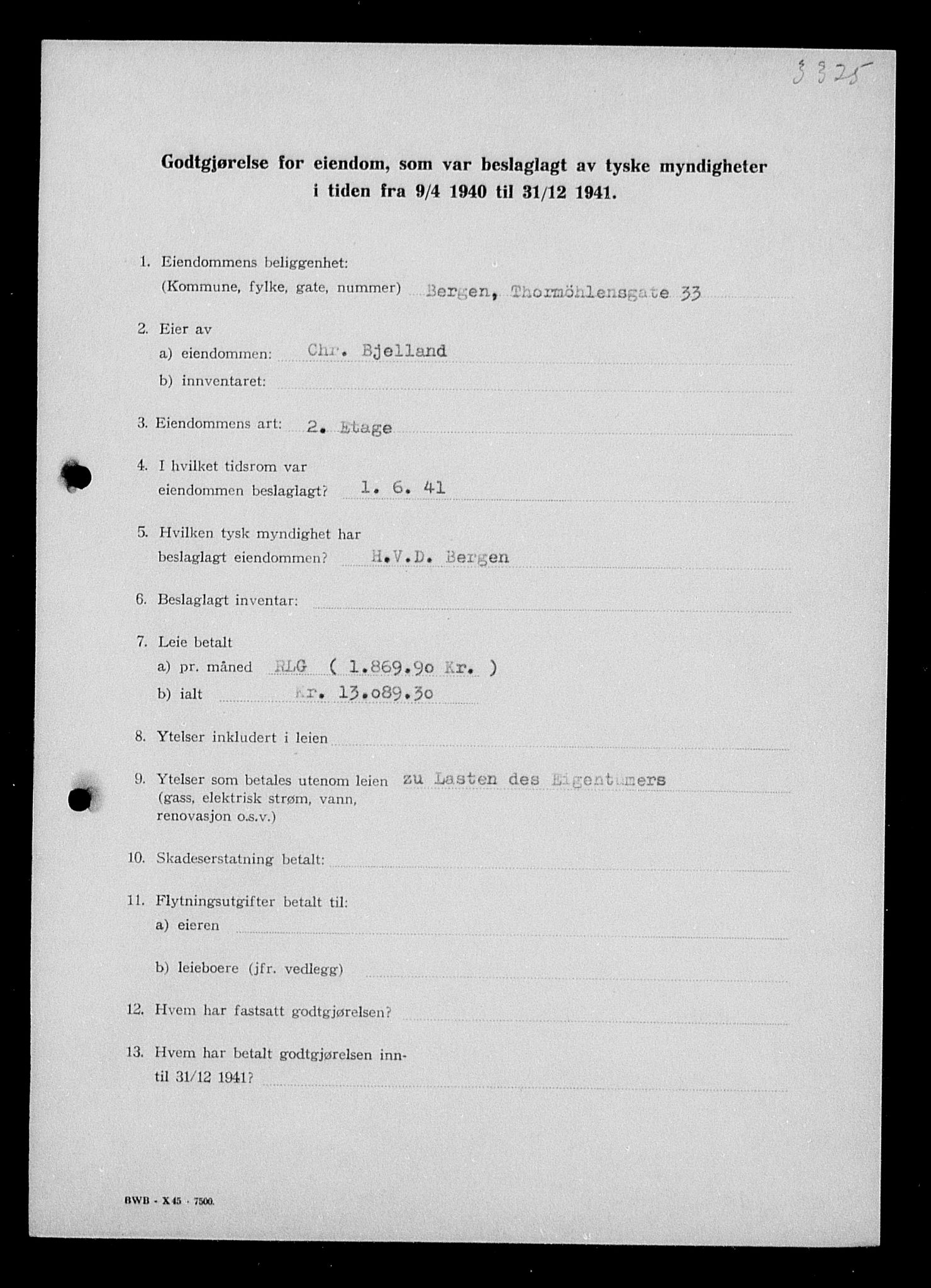 Justisdepartementet, Tilbakeføringskontoret for inndratte formuer, AV/RA-S-1564/I/L1016: Godtgjørelse for beslaglagt eiendom, 1940-1941, s. 40