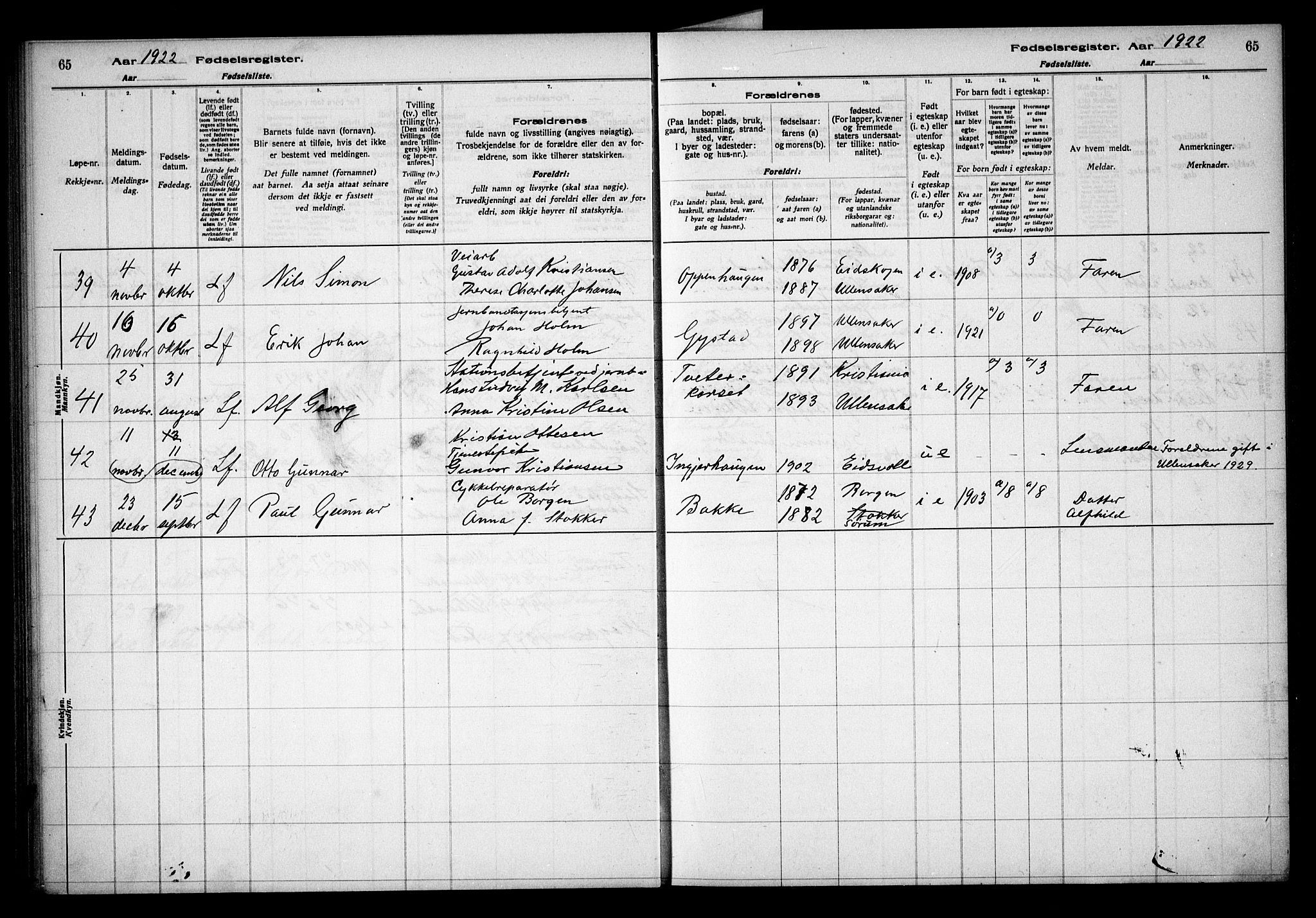 Ullensaker prestekontor Kirkebøker, AV/SAO-A-10236a/J/Ja/L0001: Fødselsregister nr. I 1, 1916-1938, s. 65