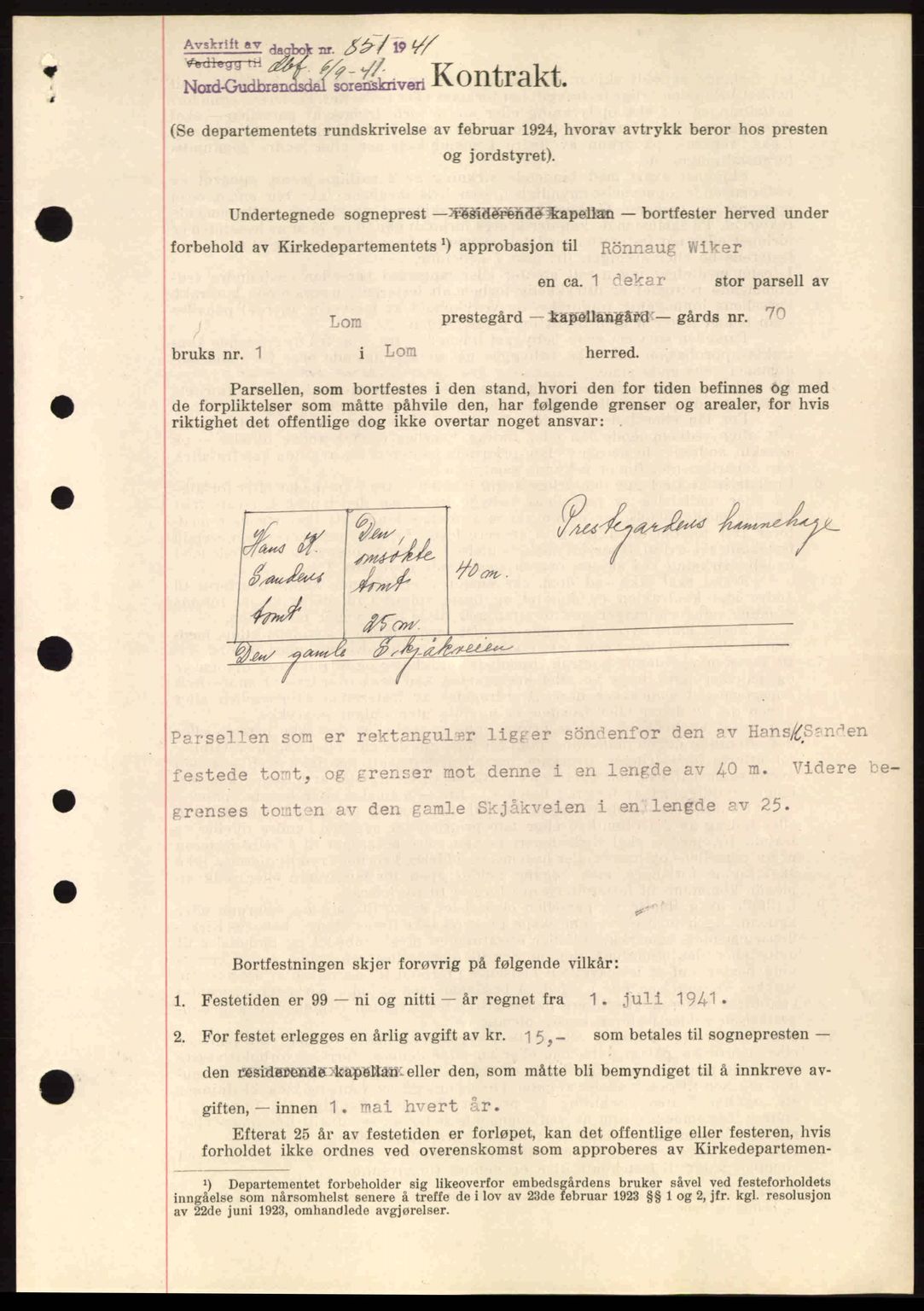 Nord-Gudbrandsdal tingrett, SAH/TING-002/H/Hb/Hbb/L0007: Pantebok nr. FA7, 1941-1941, Dagboknr: 851/1941