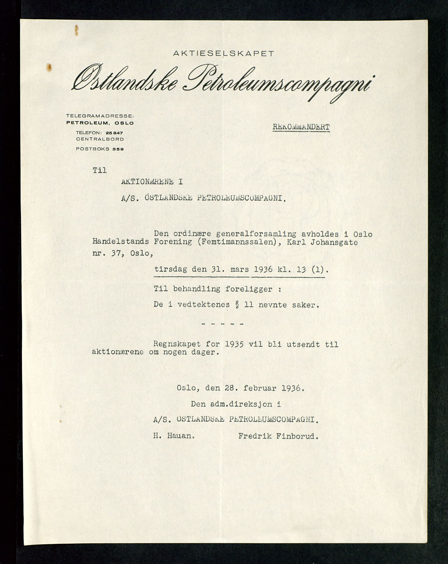 PA 1534 - Østlandske Petroleumscompagni A/S, SAST/A-101954/A/Aa/L0002/0004: Generalforsamlinger. / Generalforsamling, 1936, s. 3