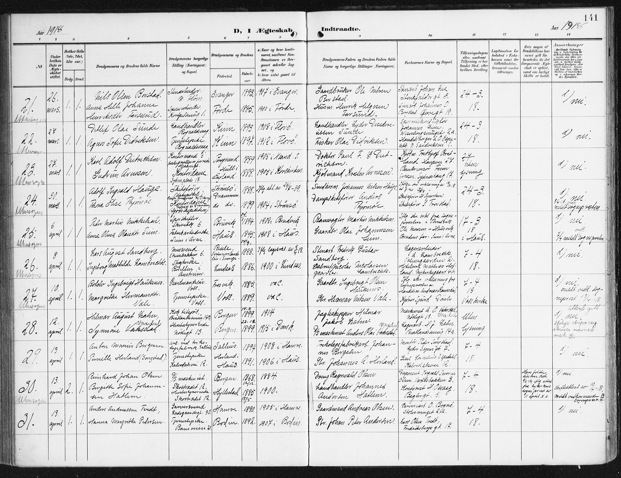 Domkirken sokneprestembete, AV/SAB-A-74801/H/Haa/L0038: Ministerialbok nr. D 5, 1906-1921, s. 141