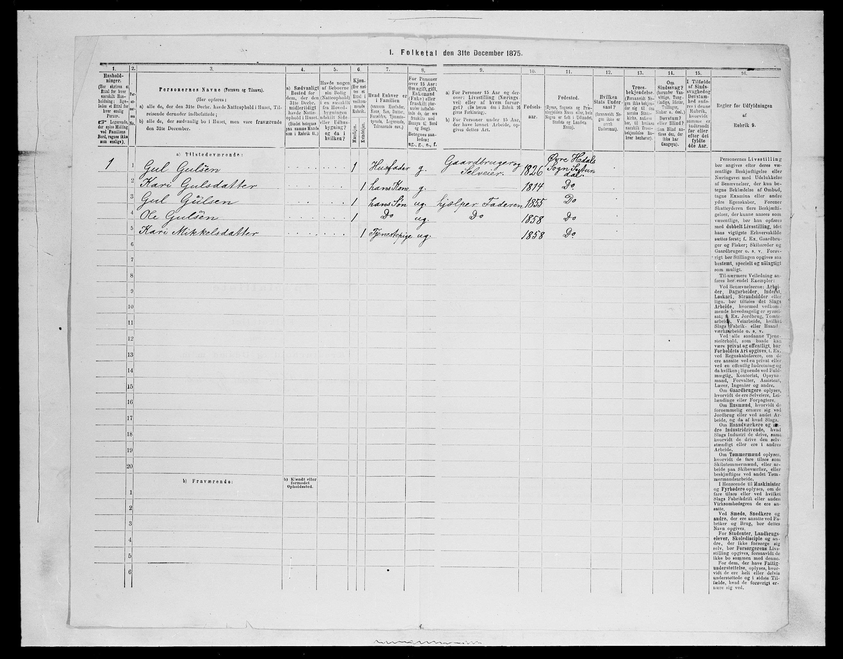 SAH, Folketelling 1875 for 0540P Sør-Aurdal prestegjeld, 1875, s. 1151