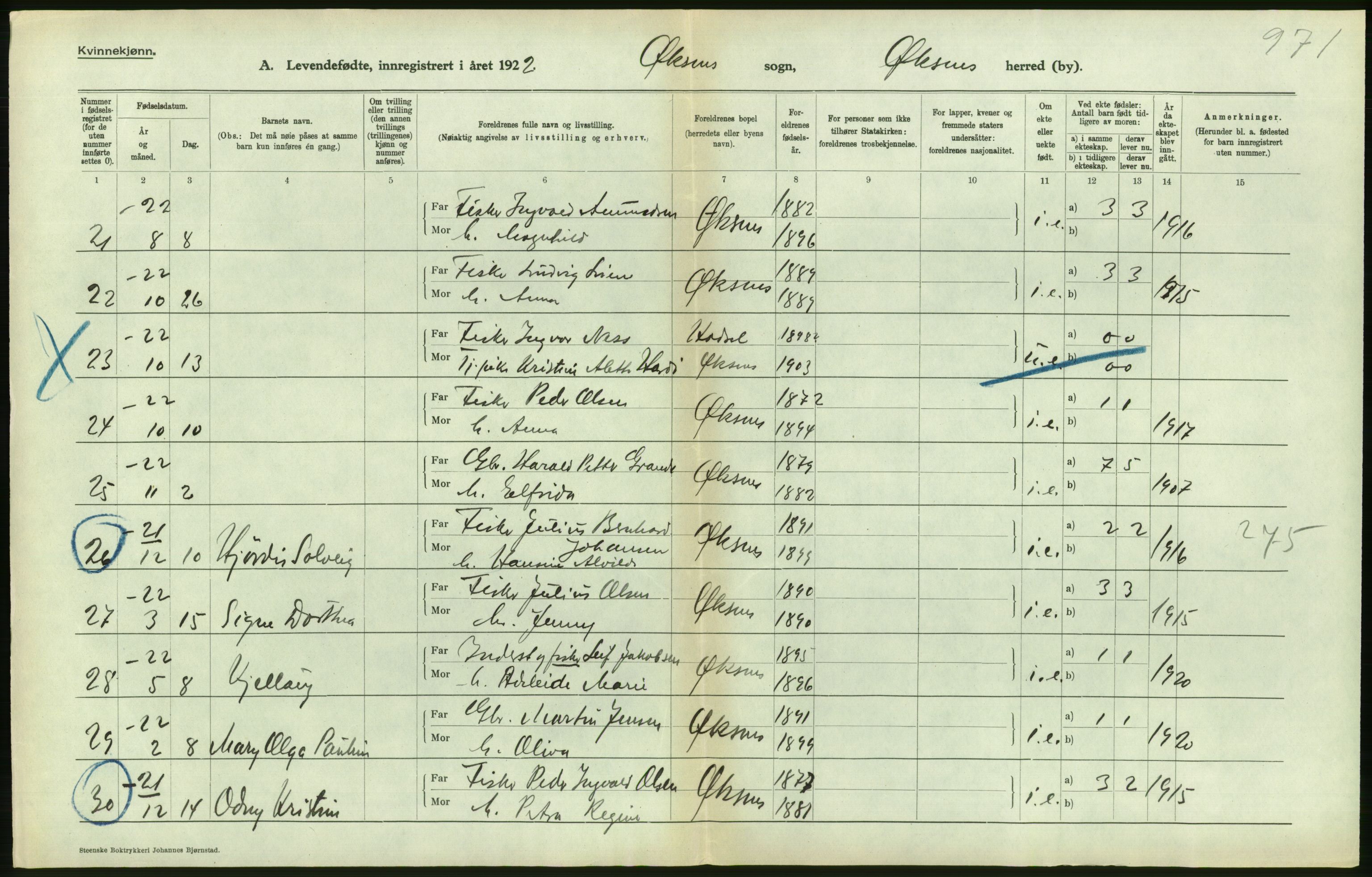 Statistisk sentralbyrå, Sosiodemografiske emner, Befolkning, AV/RA-S-2228/D/Df/Dfc/Dfcb/L0044: Nordland fylke: Levendefødte menn og kvinner. Bygder og byer., 1922, s. 430