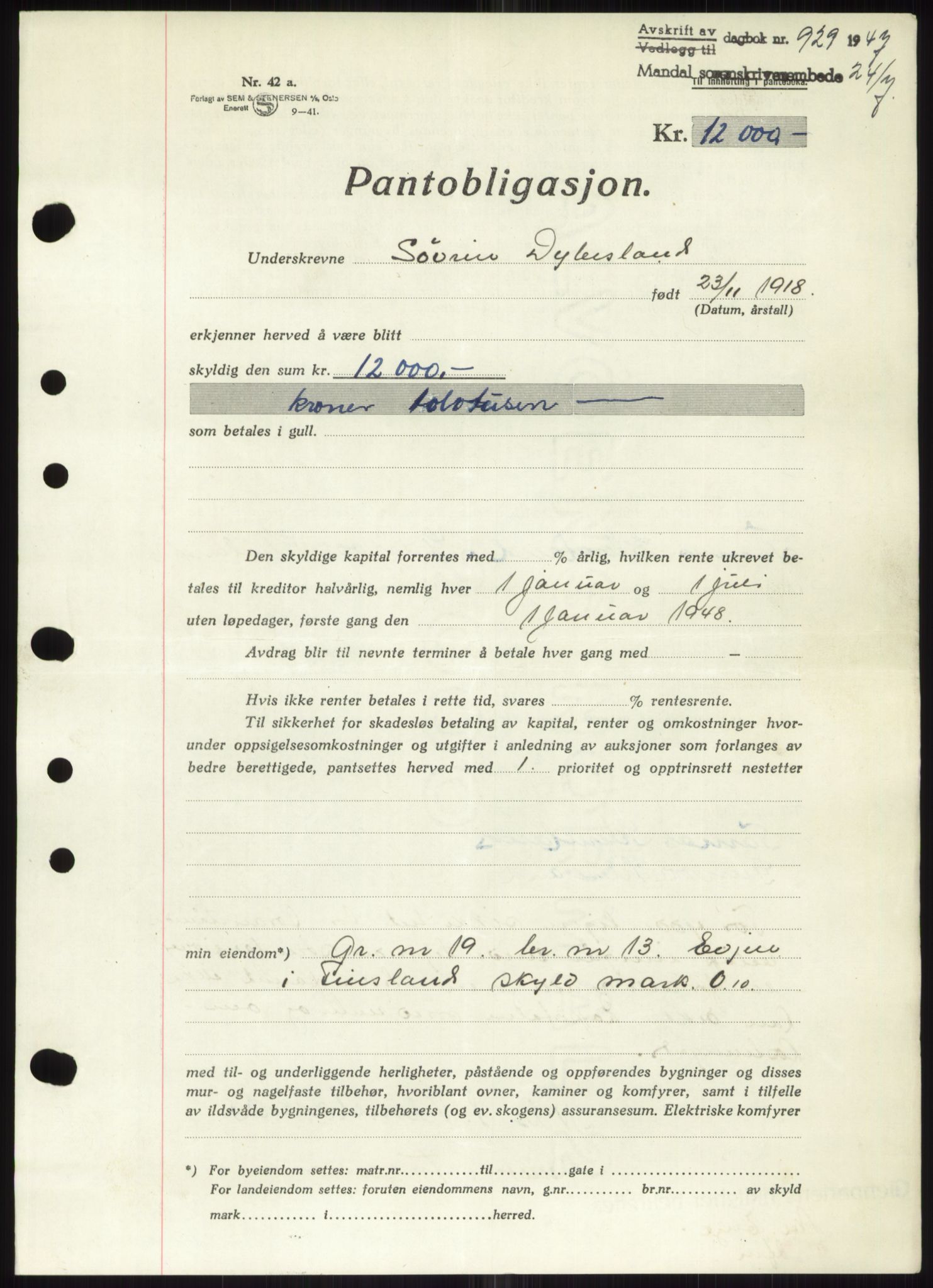 Mandal sorenskriveri, SAK/1221-0005/001/G/Gb/Gbb/L0002: Pantebok nr. B-2 - B-3, 1946-1950, Dagboknr: 929/1947